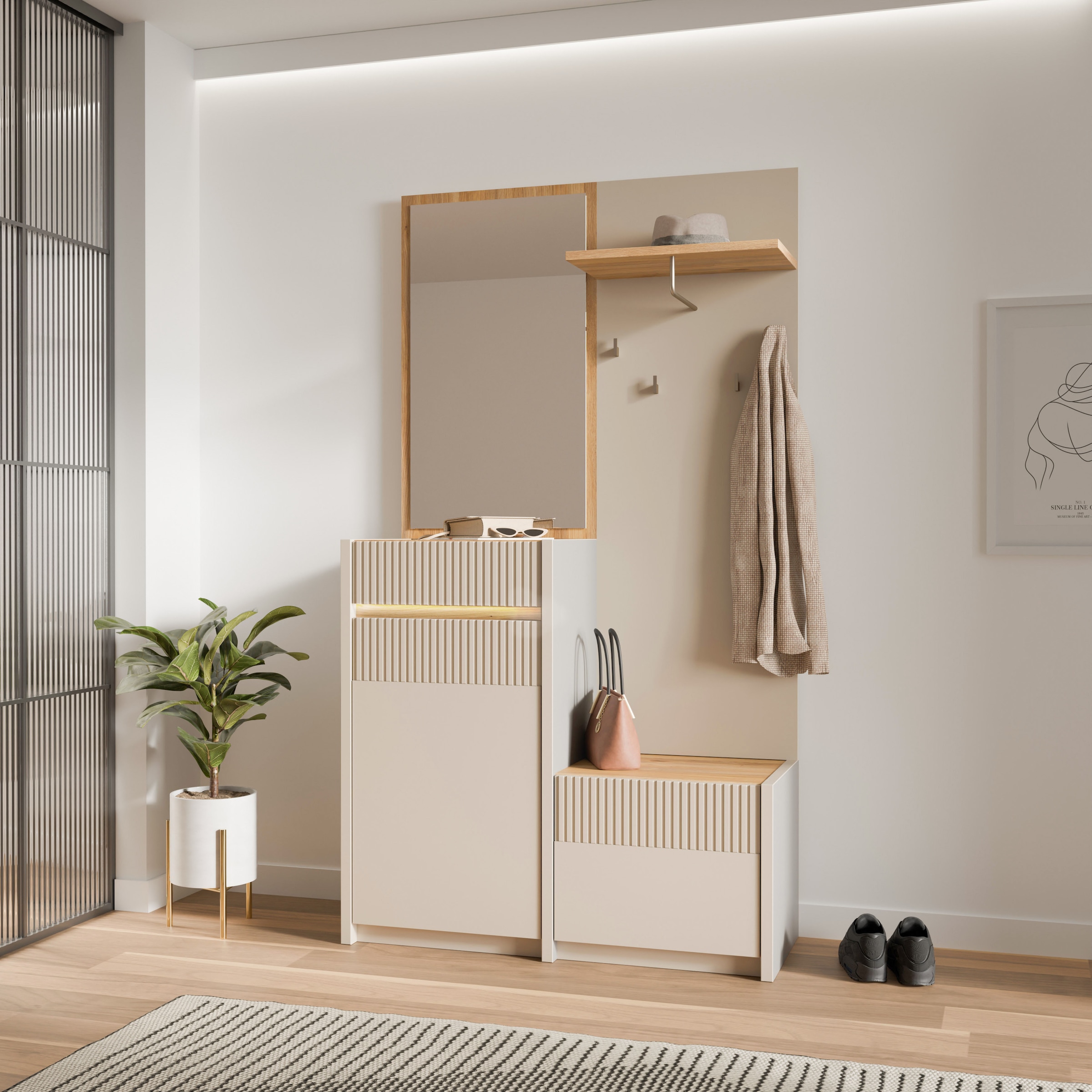 FORTE Kompaktgarderobe »Oak Squere Garderobe, 1 Türe, 1SK, 1 Klappe« B/H/T 108,4 /195,9/41,7 cm Spiegel, Haken, Kleiderstange