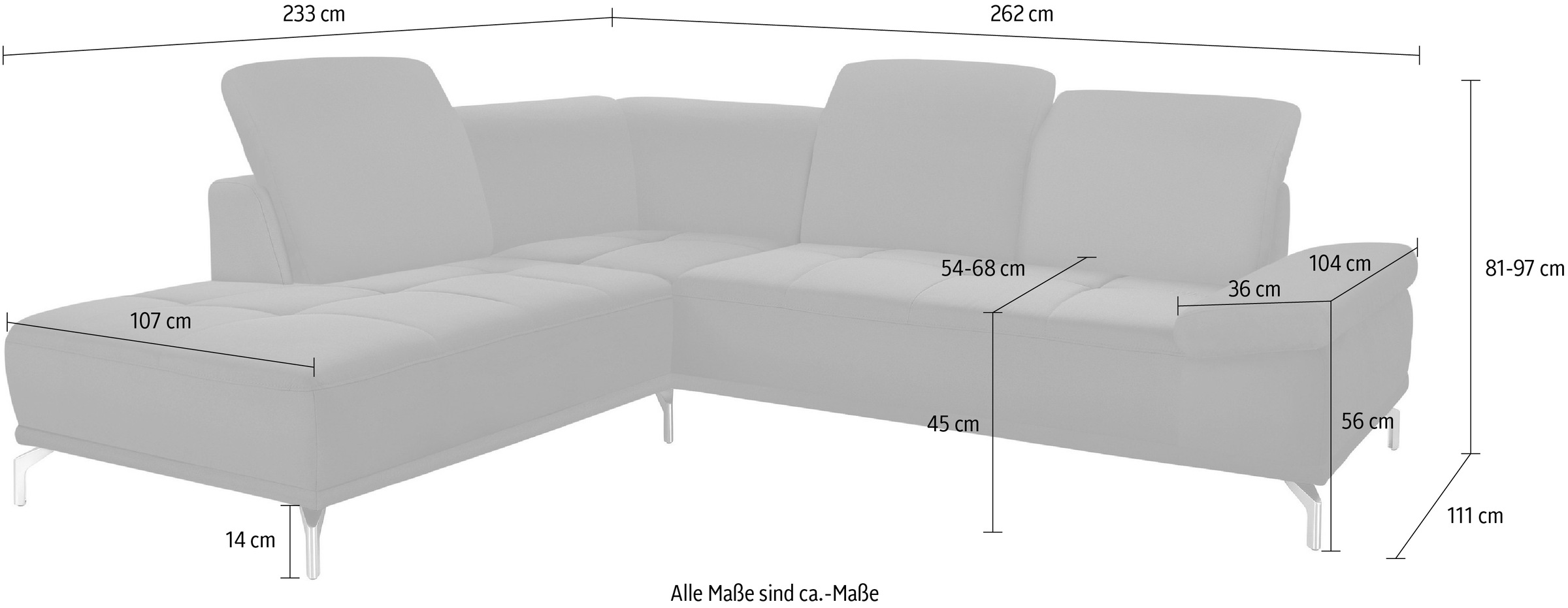 Places of Style Ecksofa »Caluna«, Inkl.Sitztiefenverstellung, wahlweise mit Kopf- und Armteilverstellung
