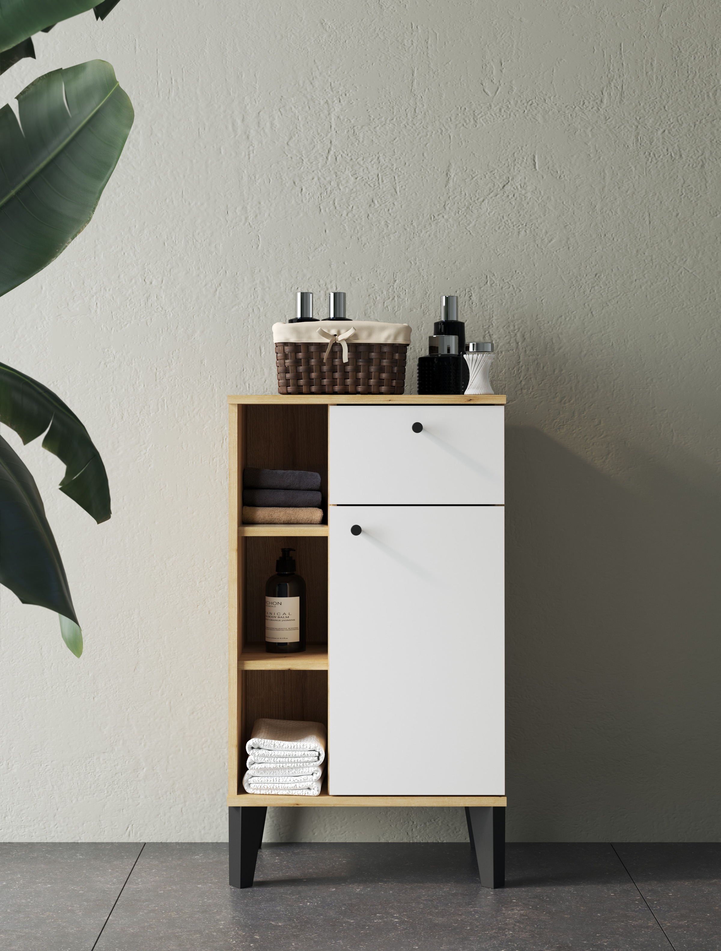 Home affaire Armoire intermédiaire »Oslo, Badschrank mit Knopfgriff, Schrank im skandinavischen Design« disponible en blanc ou gris, suffisamment d’espace de rangement