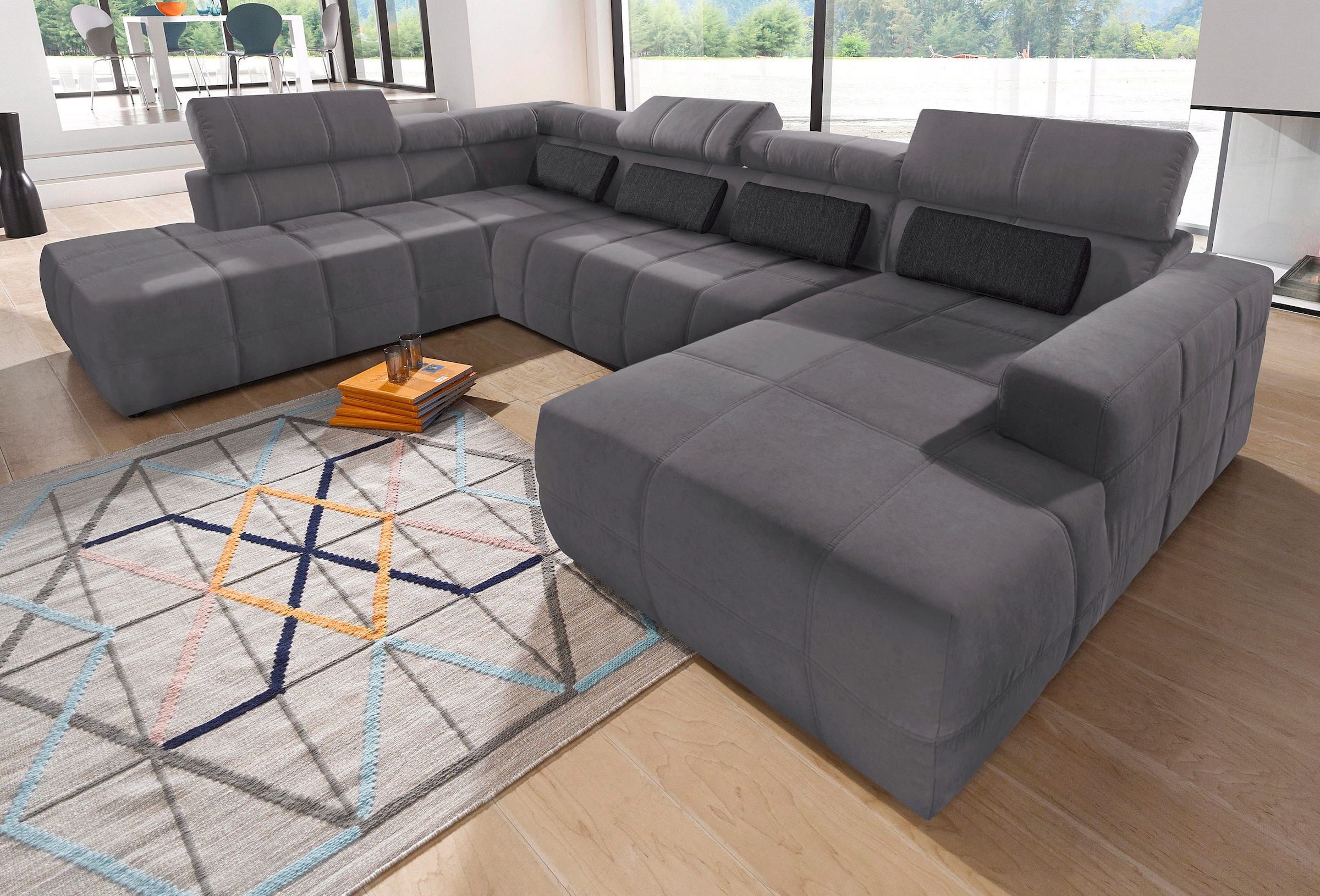 DOMO collection Wohnlandschaft »Brandon, belastbar bis 140kg/ Sitz, B/T: 359/228 cm, U-Form«, mit Sitztiefenverstellung, Luxus-Microfaser, dunkelgrau