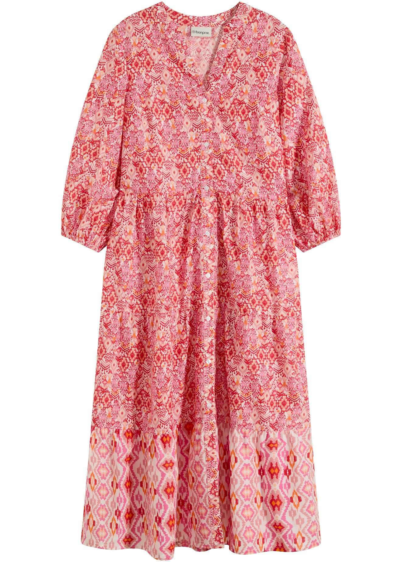bonprix Robe midi en coton, coupe cintrée, manches 3/4, sans col