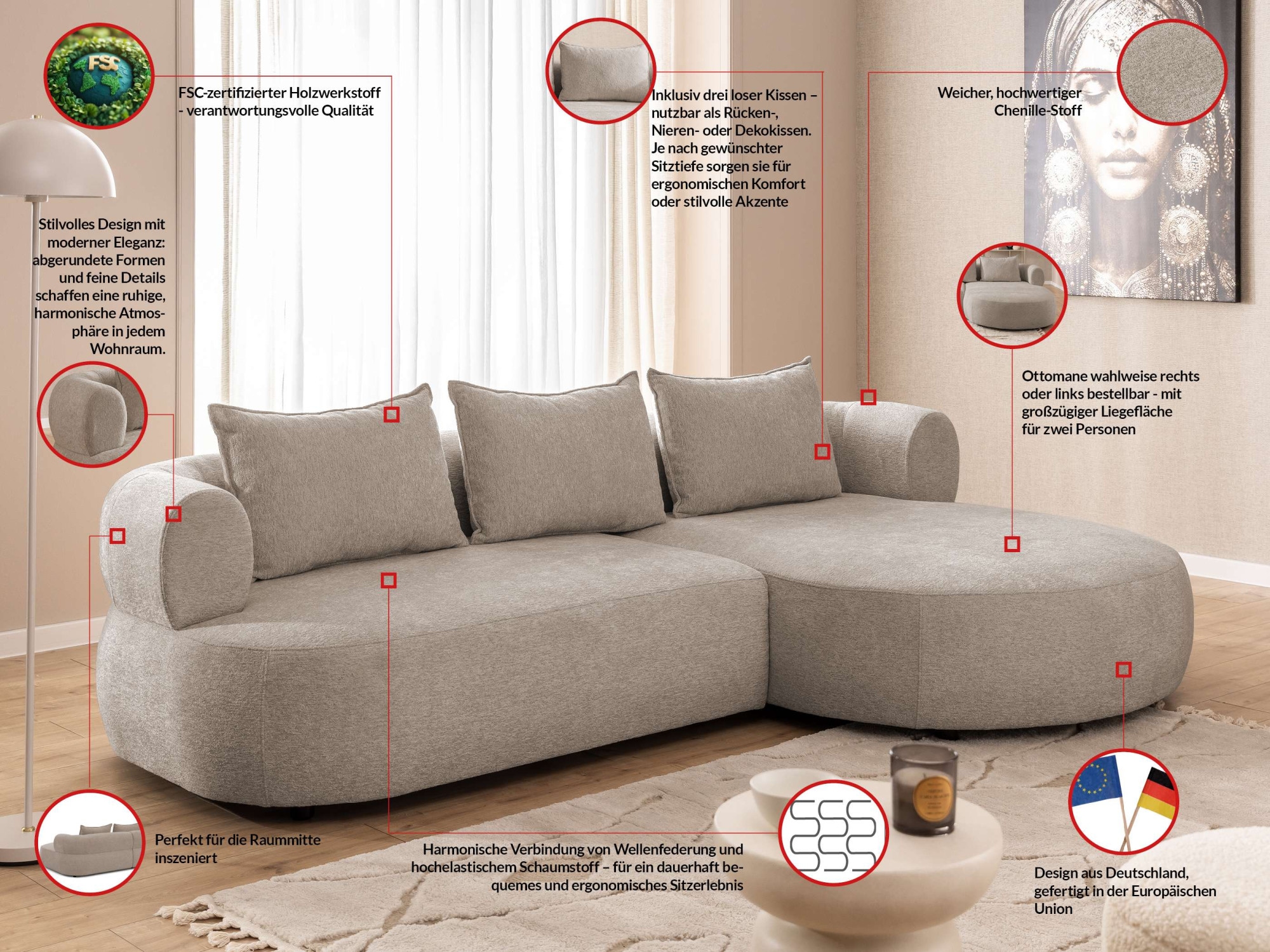 Home affaire Ecksofa »LUSSAC L-Form Design-Sofa mit Zierkissen, Masse B/T/H: 257/159/78 cm« hoher Sitzkomfort und modernes Design, Sofa ohne Bettfunktion