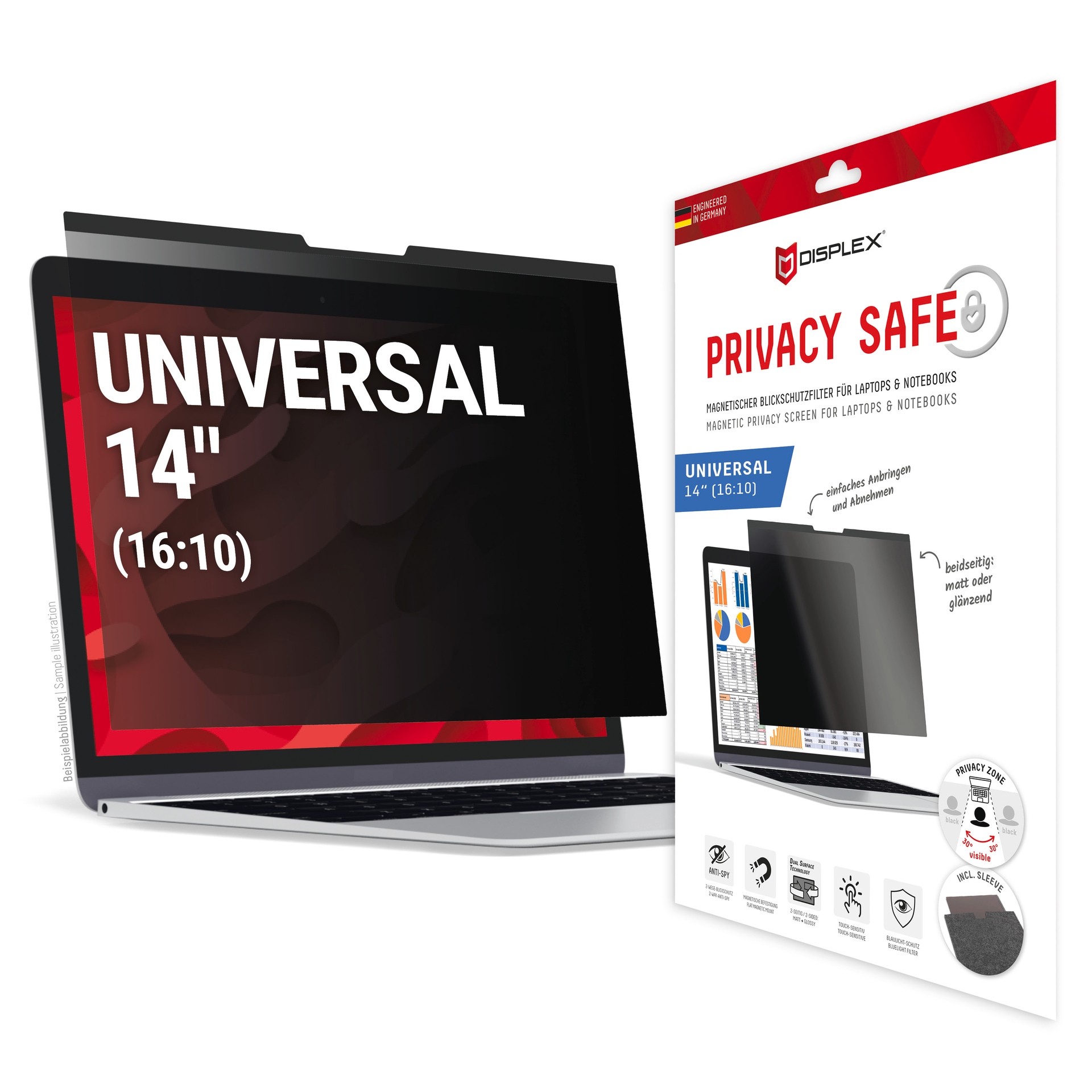 Displex Displayschutzfolie "Privacy Safe Universal (magnetisch) 14 Zoll 16:10" Displayschutz, Schutzfolie, Bildschirmschutz, kratz- & stossfest