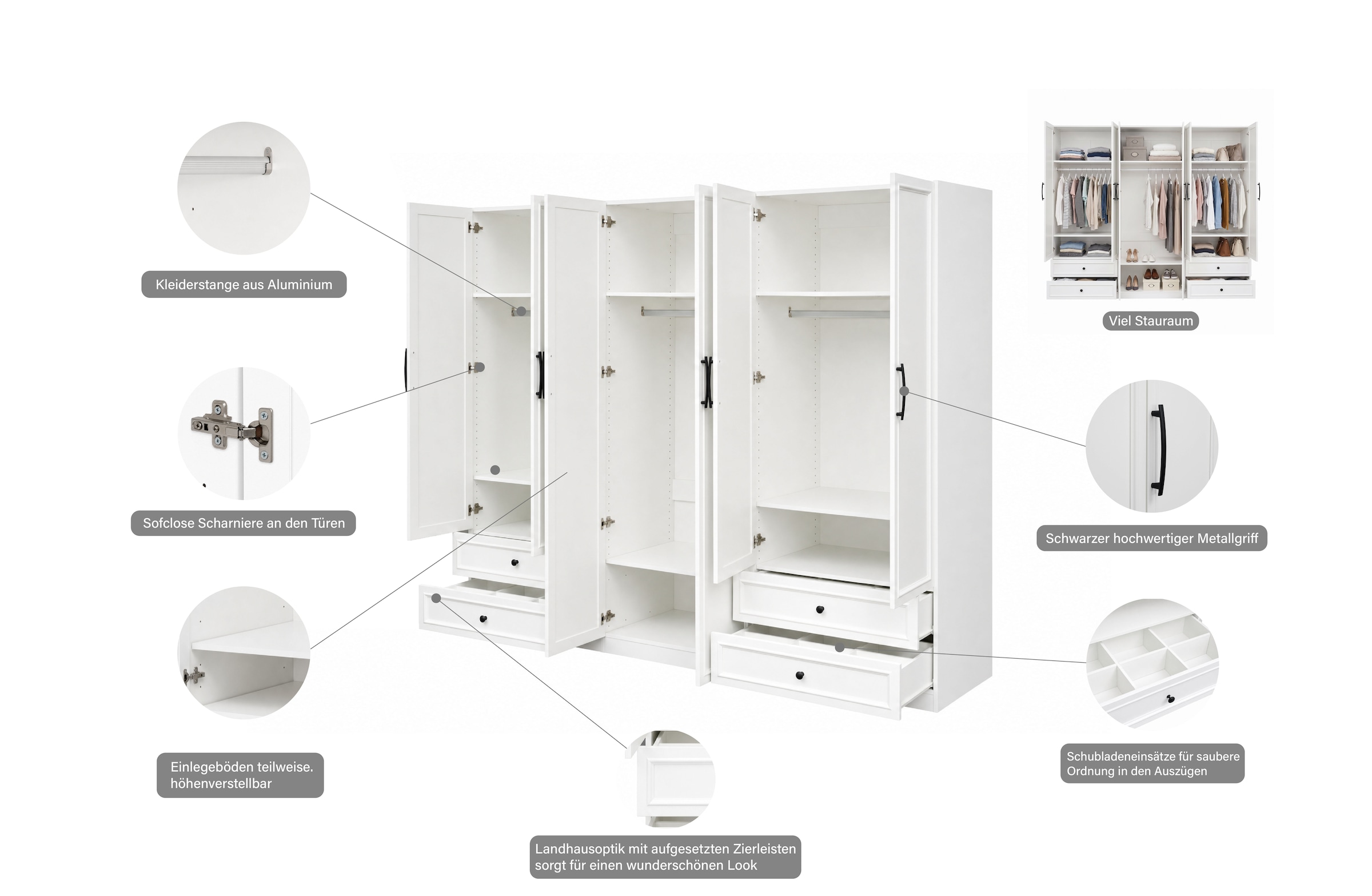 GOODproduct Armoires à vêtements »Arrian 240 cm Weiss | 6-türiger Drehtürenschrank im Landhausstil« ESPACE DE RANGEMENT XXL POUR VOTRE MAISON