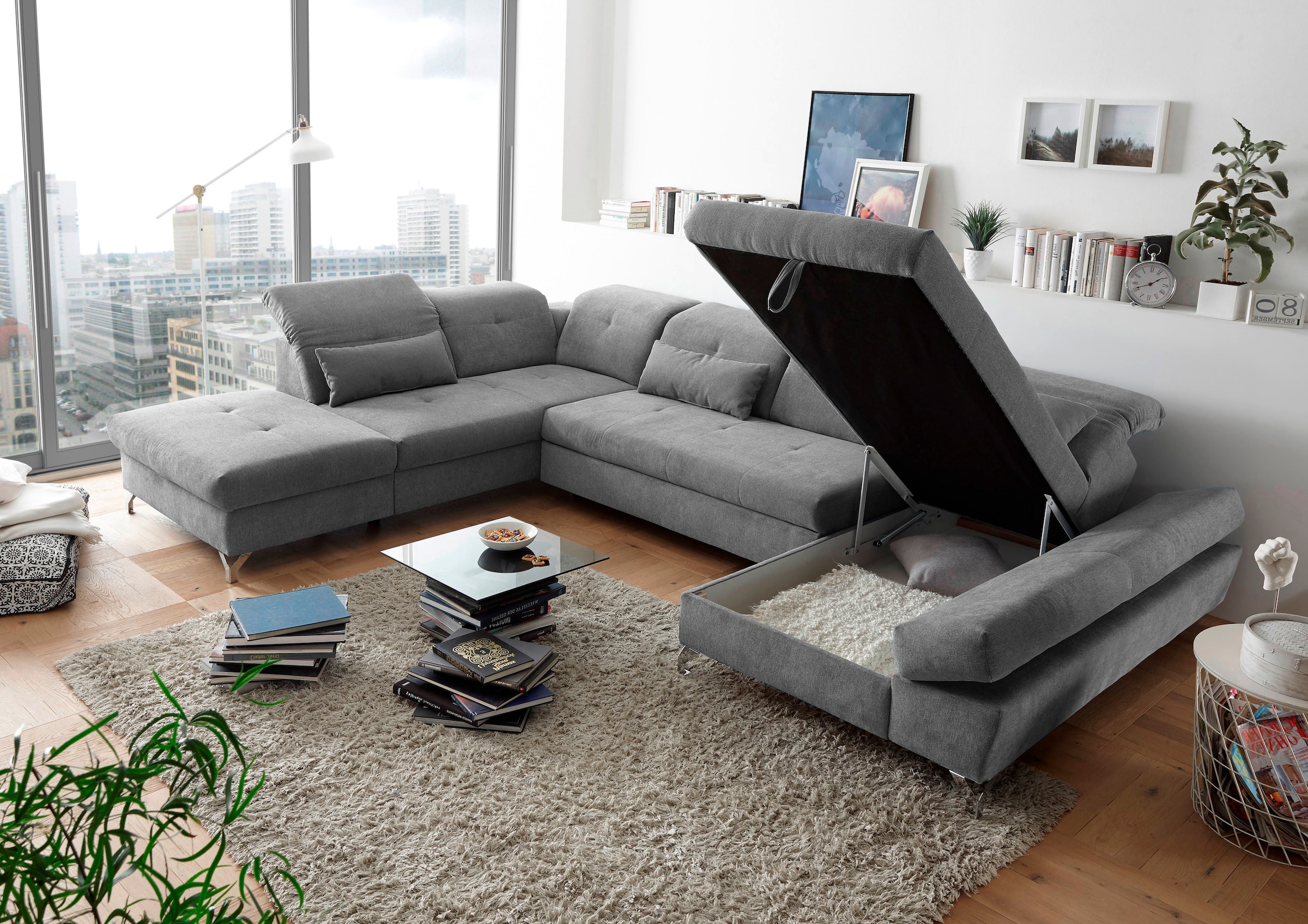 ED EXCITING DESIGN Wohnlandschaft »Melfi U-Form mit Bettfunktion, Bettkasten« Arm- & Kopfteilverstellung & 3 Nierenkissen