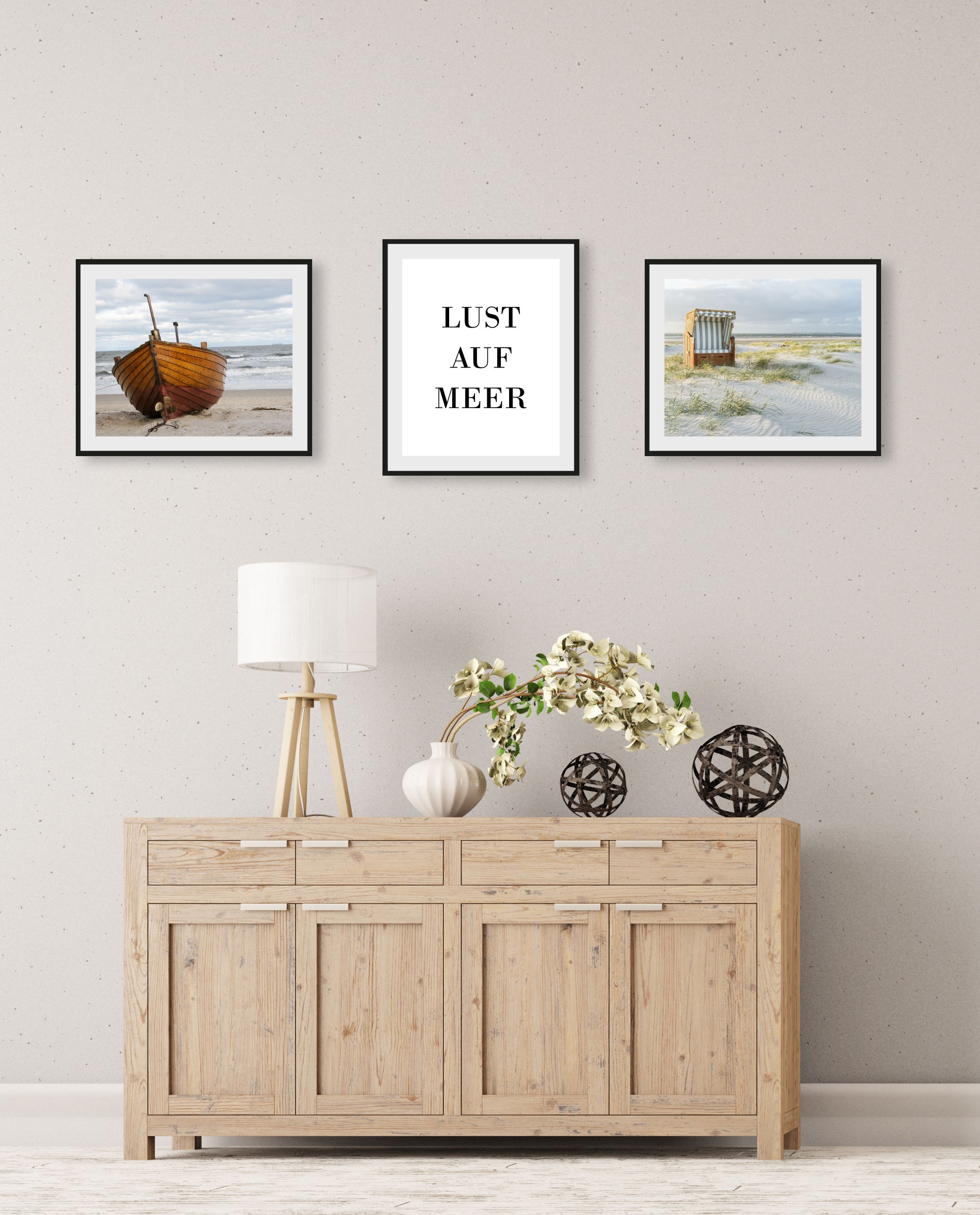 Image of queence Bild "Strand" Deutschland Meer Meer Bilder Schiffe Schriftzug Strand 3 Stk. tlg. gerahmt