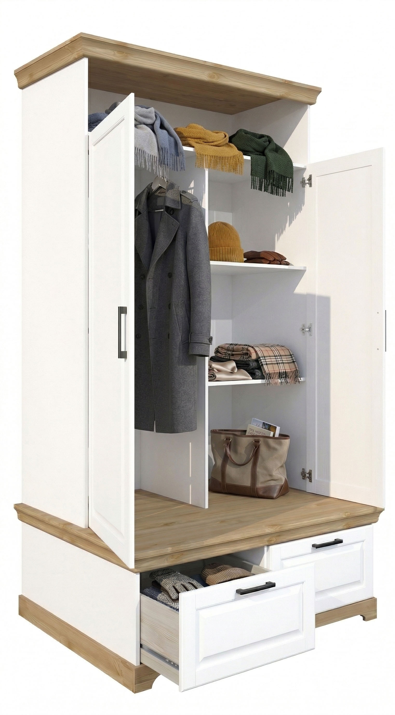 GOODproduct Wäscheschrank »Rügen XXL– Landhaus-Charme mit maximalem Stauraum, zeitlos schön« B/H/T ca. 127/216/70 cm,  Integrierte Sitzbank + Schubladen: Stauraum für Schlafzimmer+Diele
