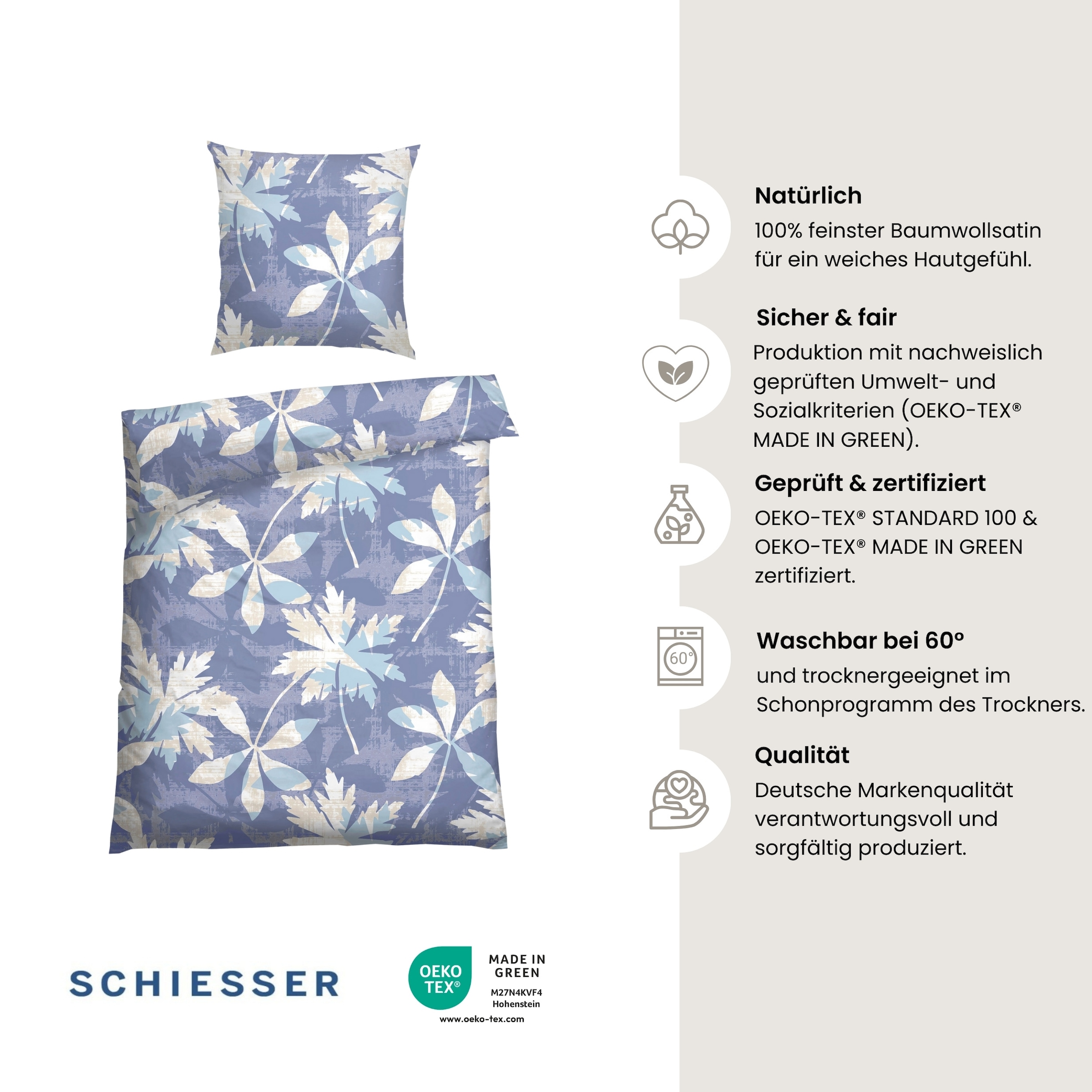 Schiesser Bettwäsche »Vera aus weichem Baumwoll-Satin mit floralem Muster« 2 tlg. OEKO-TEX® MADE IN GREEN