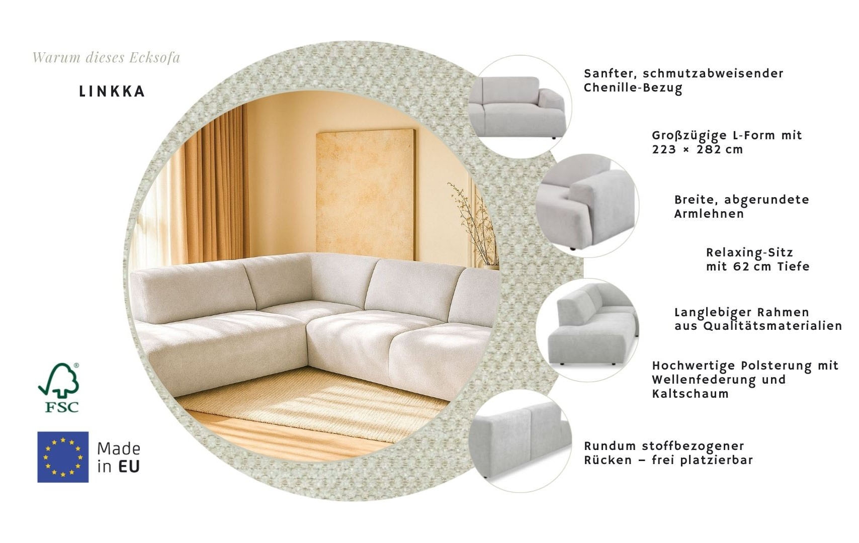 GOODproduct Canapé d'angle »Linkka, Breite 282 cm« forme en L, en tissu chenille doux, avec suspension ondulée