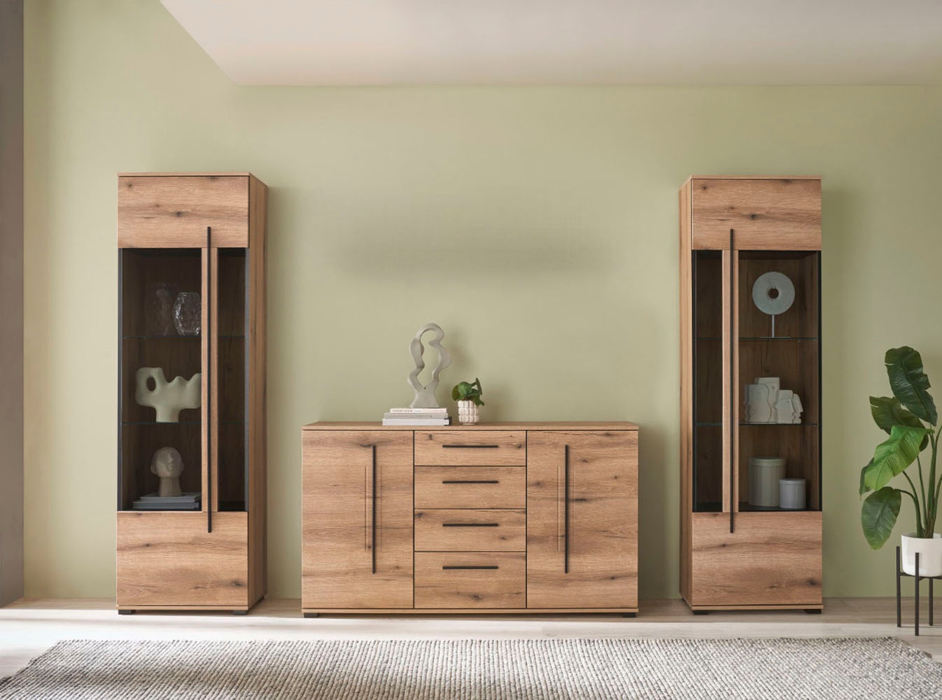 INOSIGN Wohnwand »Cantara, moderne Anbauwand, Wohnzimmer-Set, in Eiche Evoke oder Weiss«, (Set), enthält zwei Vitrinen und ein Sideboard