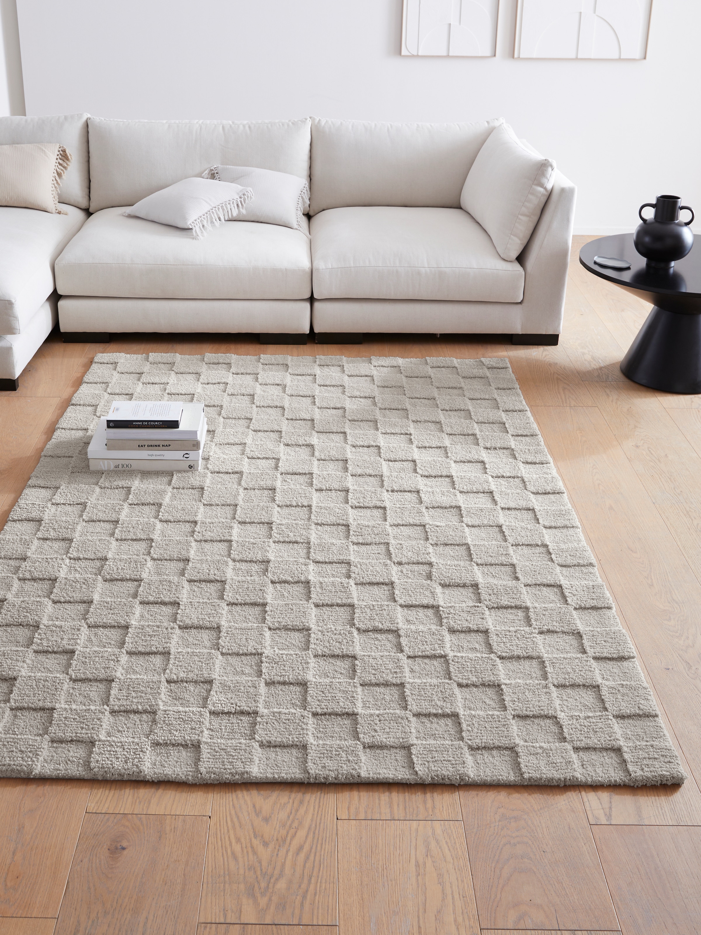 Image of LeGer Home by Lena Gercke Teppich "Esmé, Hochflor-Teppiche, weich, Boho" rechteckig 23 mm Höhe Hoch-Tief-Struktur, Uni, Kästchen, Wohnzimmer, Schlafzimmer, Esszimmer