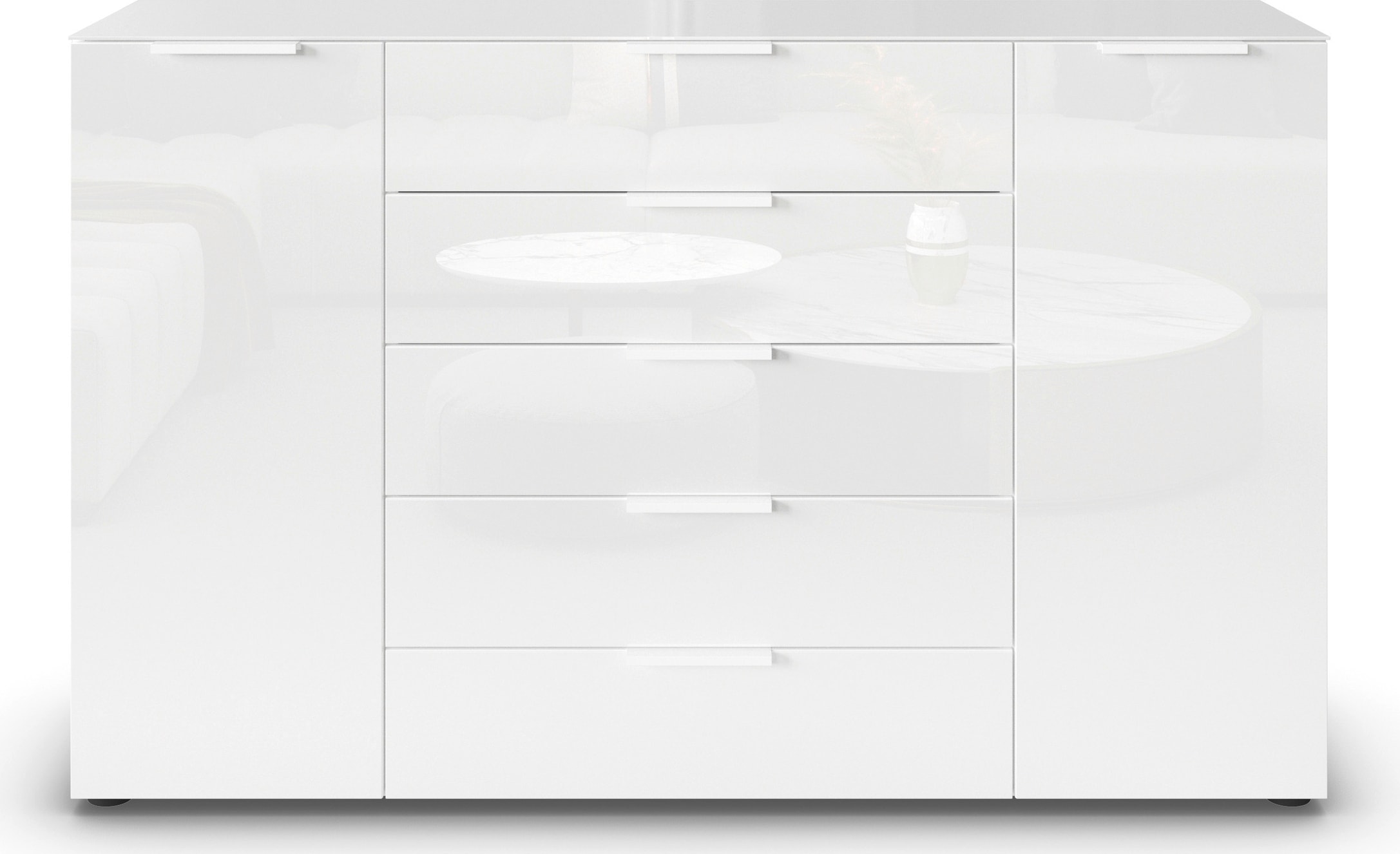 rauch Schubkastenkommode »Kommode Türkommode Sideboard Kombikommode FLIPP mit Glasfront« Breite 160/180 cm mit 4 Einlegeböden,  2-türig, 5 Schubladen, Soft-Close, Oberboden und Front Glas, 2 Breiten