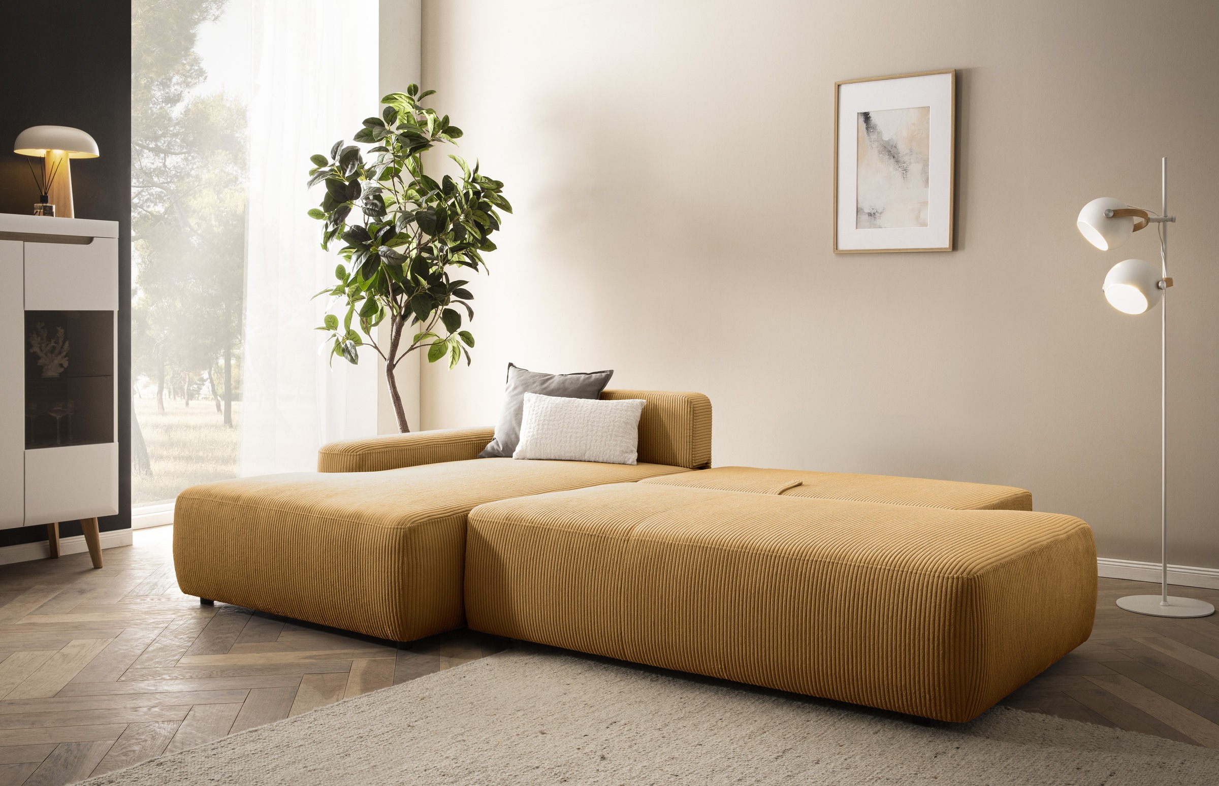 INOSIGN Ecksofa »TORGE, Schlafsofa Cord, Samtvelours u. Strukur fein, Couch in L-Form«, Schlaffunktion und Bettkasten, Liegefläche: 210x125 cm, neues Design