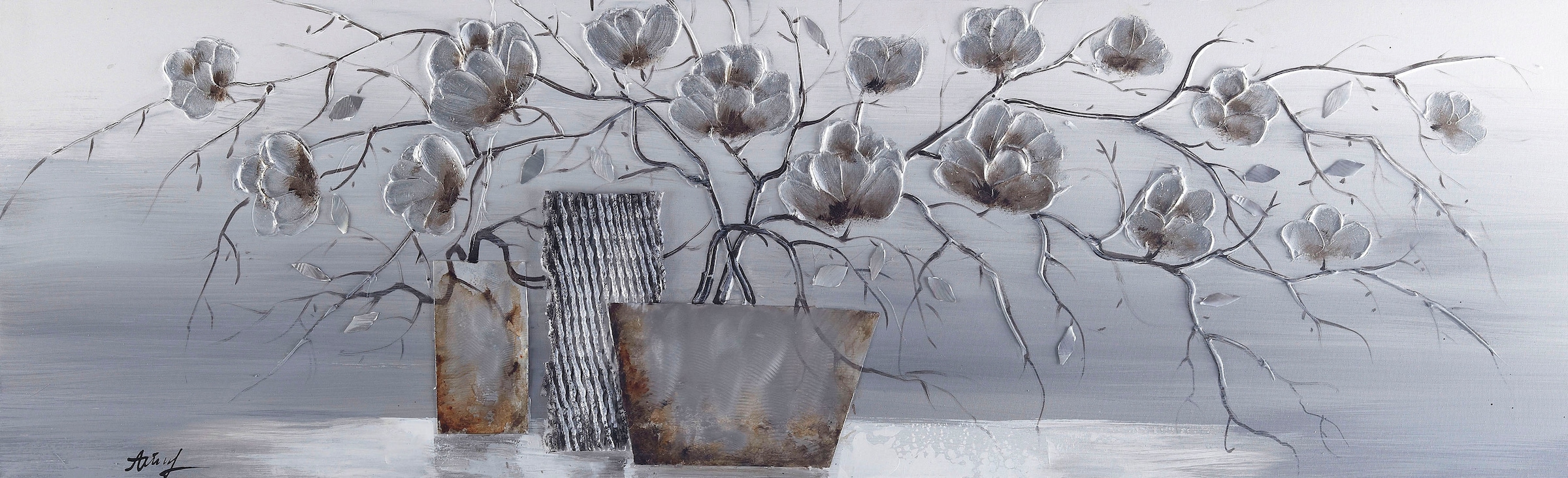 Image of Bönninghoff Ölbild "Ölgemälde handarbeit BLUMENVASE 40x120 cm – Wandbild Kunst Deko modern" Blumen Blumenbilder Vasen & Töpfe 1 Stk. tlg. handgefertigt, jedes Bild ein Unikat