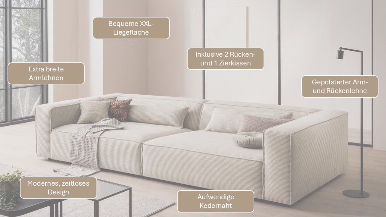 LeGer Home by Lena Gercke 3-Sitzer »PIARA XXL, Sofa mit Kedernaht in Cord, Leinenoptik o. Strukturstoff« schwarze Füsse, bequemer Sitzkomfort, extra tiefe Sitzfläche