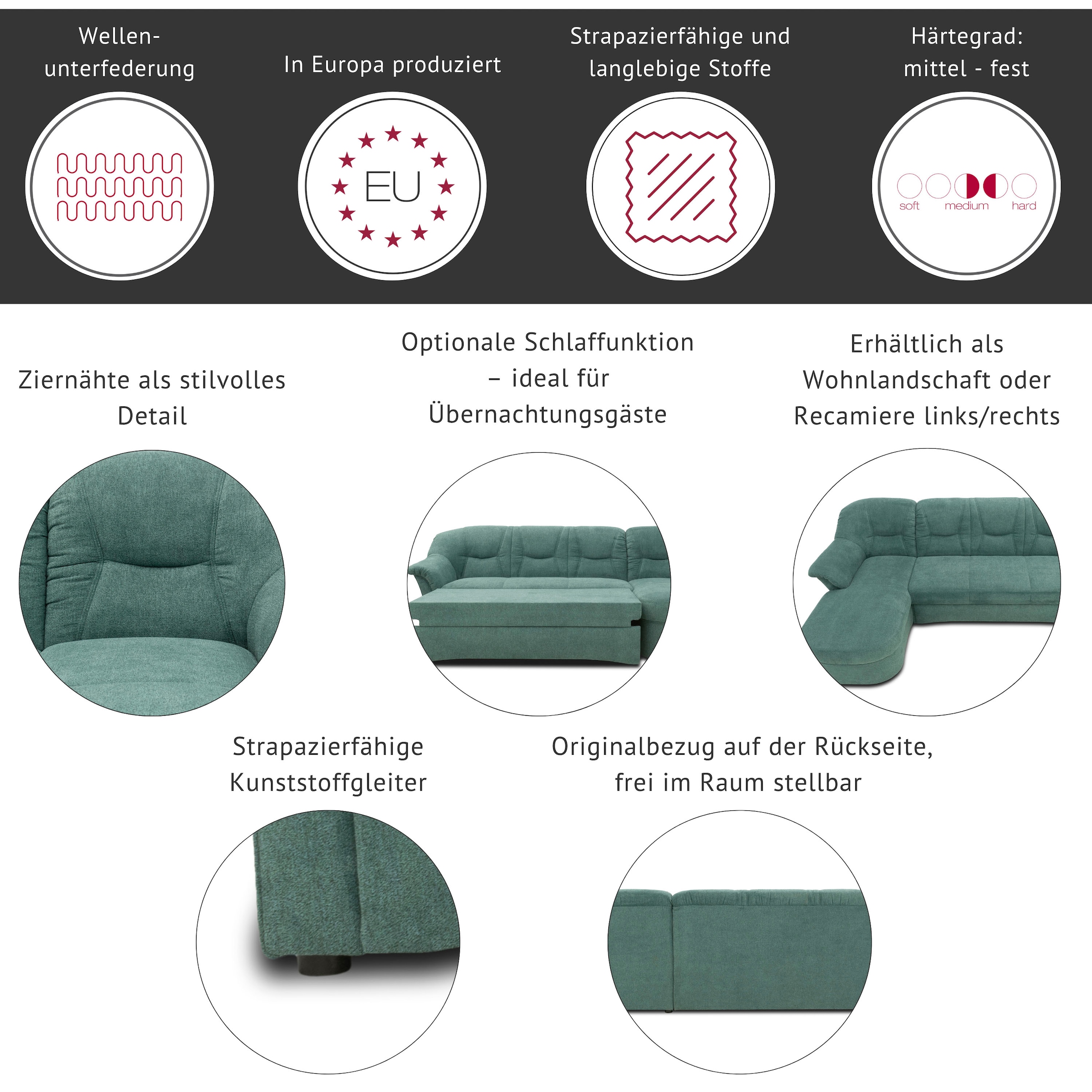 DOMO collection Ecksofa »Sarafina zeitlos und komfortabel, optional mit Federkern, L-Form« wahlweise mit Bettfunktion