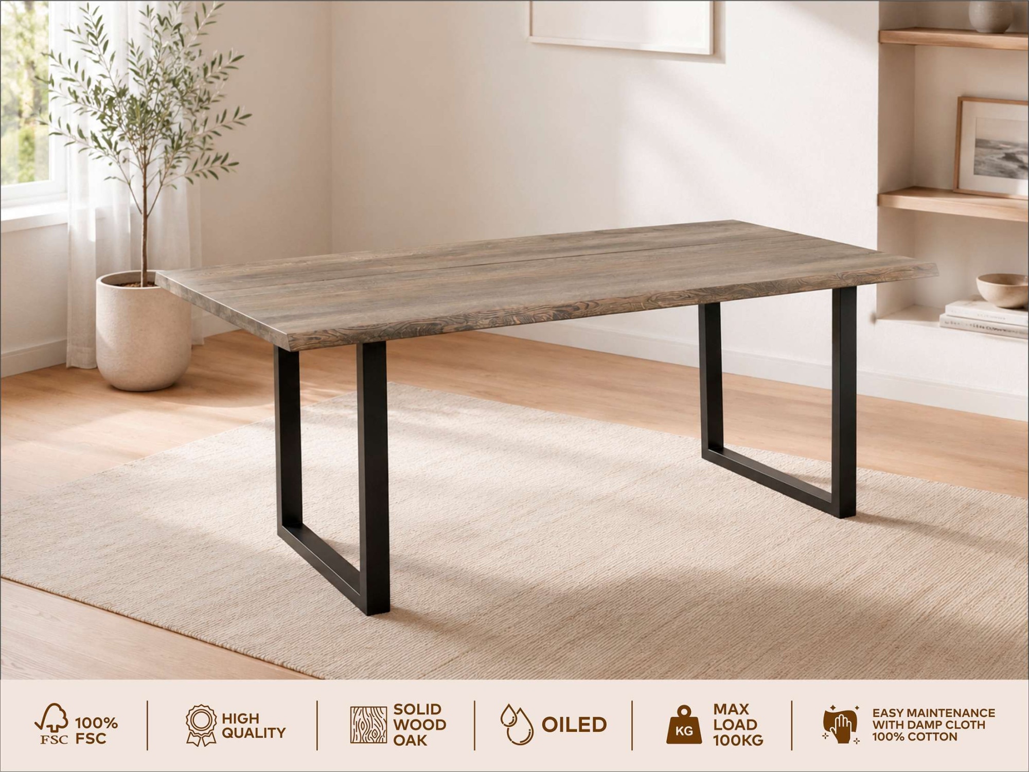 GOODproduct Esstisch »»AARHAUS« Speisetisch, Küchentisch, Wohntisch, Esszimmertisch« Wildeiche geölt Natur/Smoke, Baumkante, U-Gestell schwarz Metall