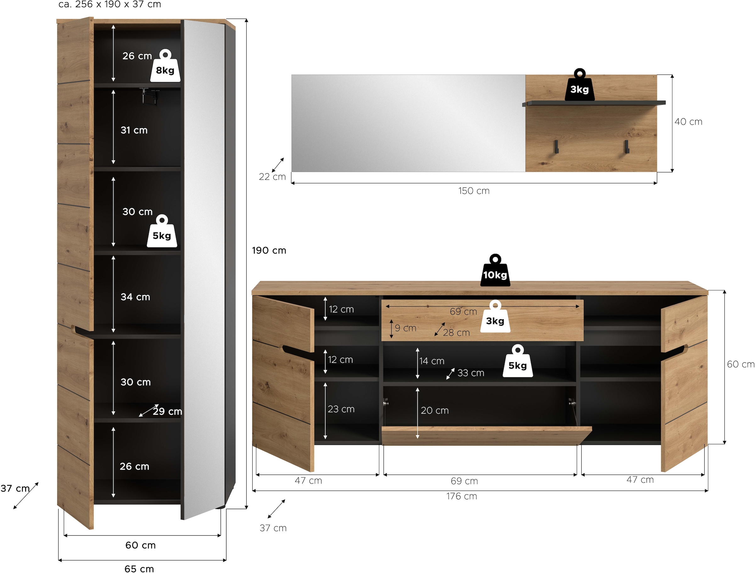 Home affaire Garderoben-Set »REHAT, TOPSELLER!, 3-teilig, Breite 256 cm, individuell stellbar« Set, best. aus: Garderobenschrank, Hängeschrank & Garderobenpaneel, 3 Stk. tlg.