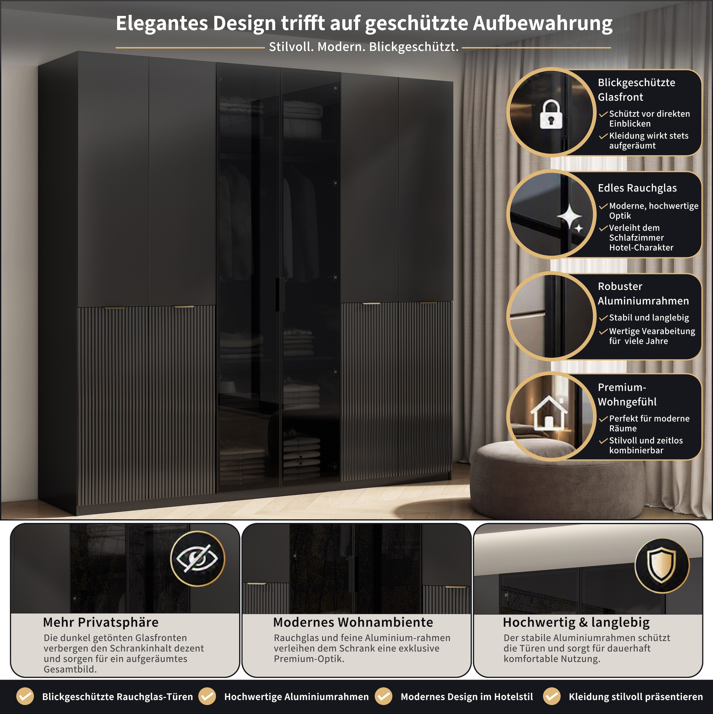 GOODproduct Kleiderschrank »Jorella Schlafzimmerschrank Garderobe mit Softclose Türen Glastüren« eleganter Schlafzimmerschrank Rillendesign Trend Breite 241cm Grauglas