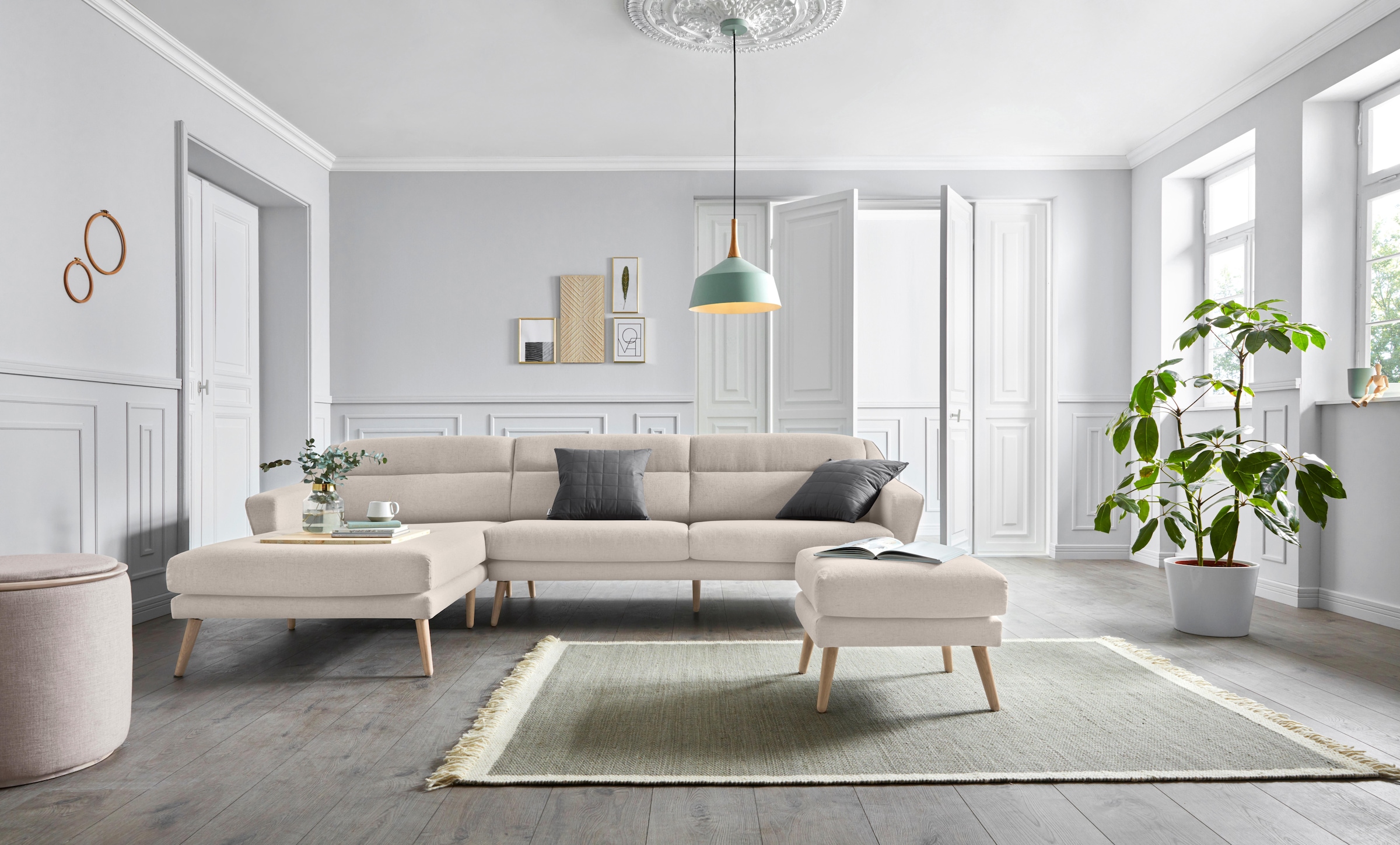 GOODproduct Canapé d'angle »Bille L-Form« mit Naht im Rückenkissen und Beinen aus Eichenholz