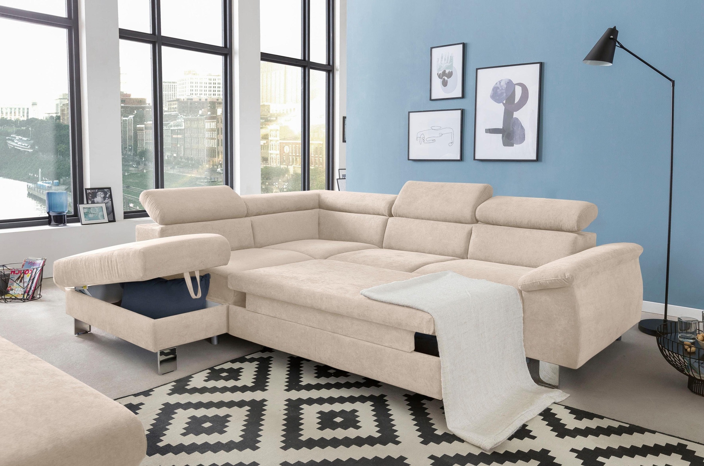 COTTA Ecksofa »Komaris L-Form mit Kopfteilverstellung«, wahlweise mit Bettfunktion, Bettkasten & Beleuchtung