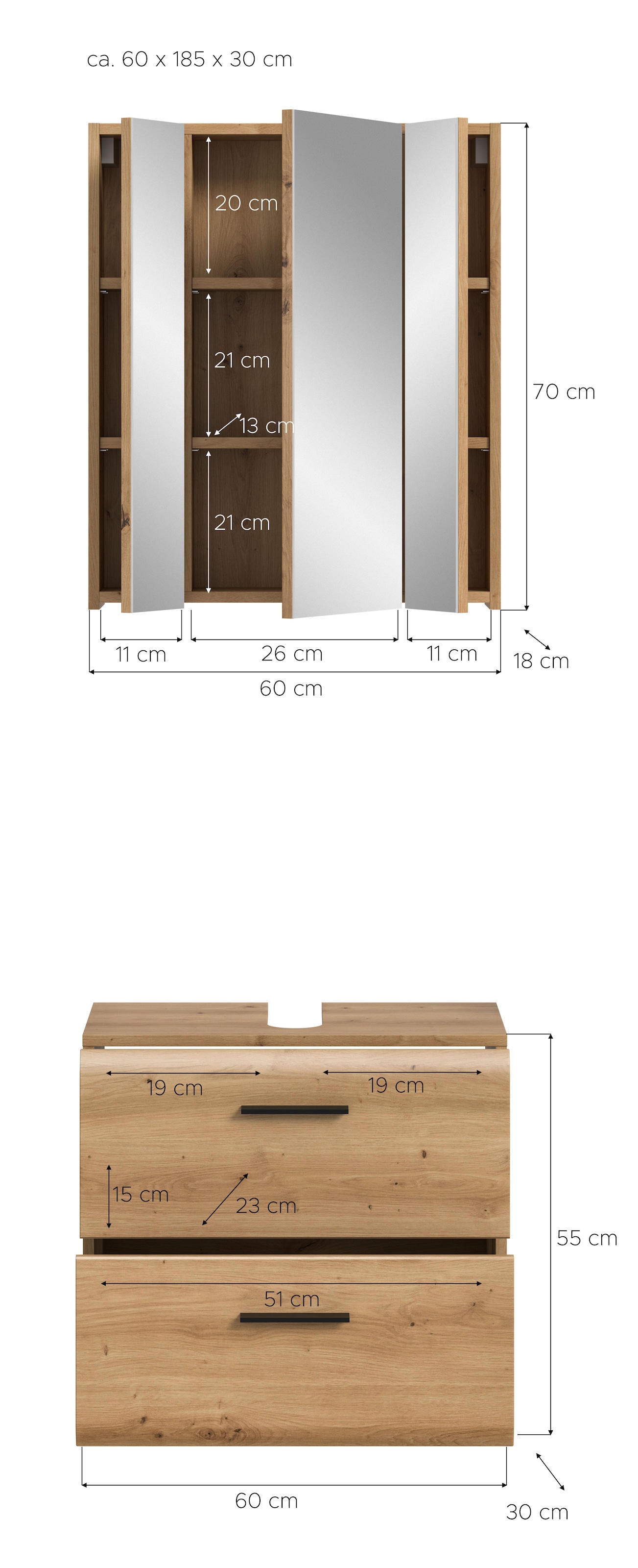 welltime Ensemble de meubles de salle de bain »FLORENZ,  2-teilige Badkombination, hochwertige MDF-Front« Ensemble, bestehend aus: 1 Waschbeckenunterschrank, 1 Spiegelschrank, 2 cuis tlg.