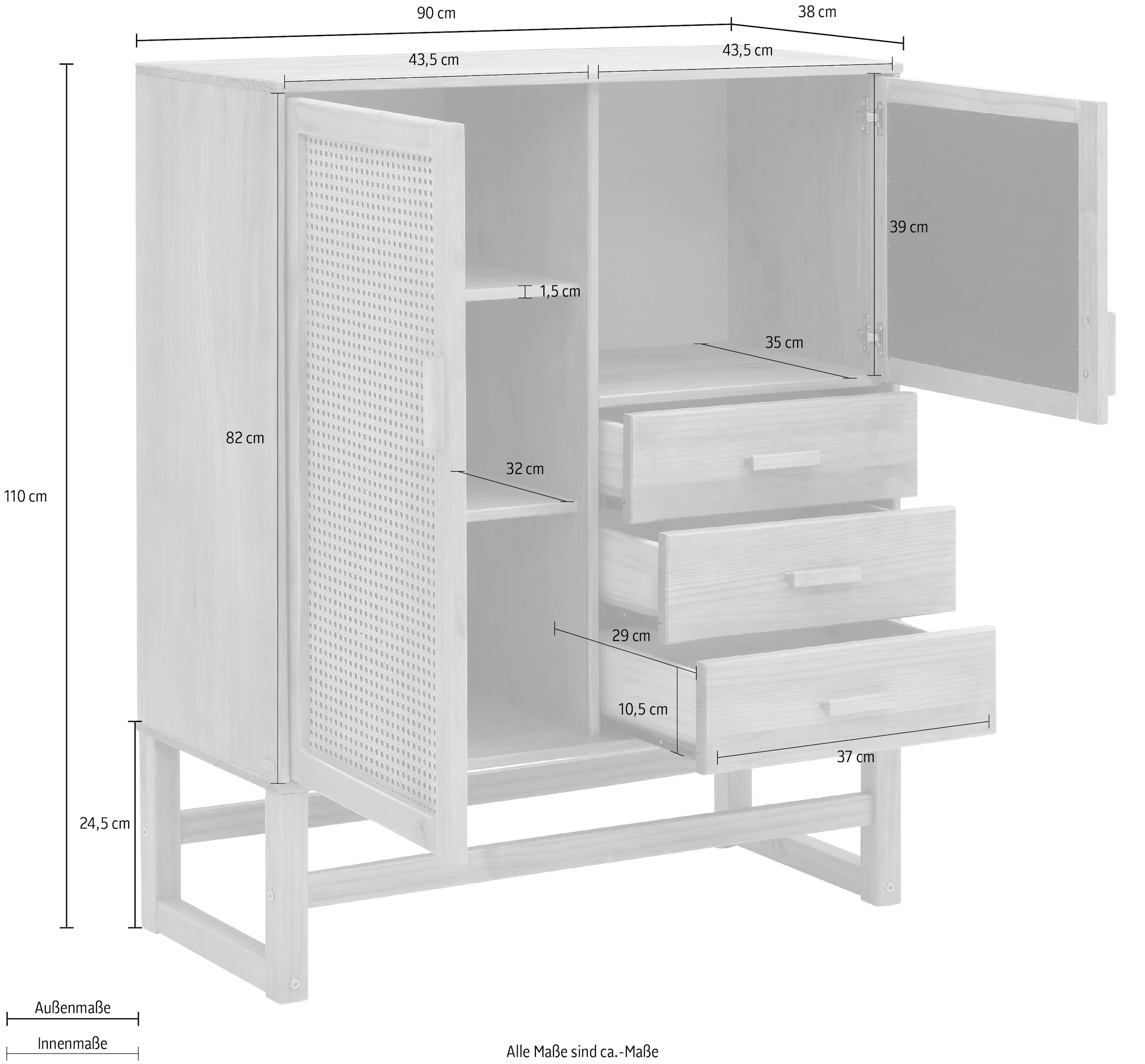 Home affaire Highboard »Linz«, Stauraumschrank mit Rattangeflecht auf den Türfronten, Massivholz