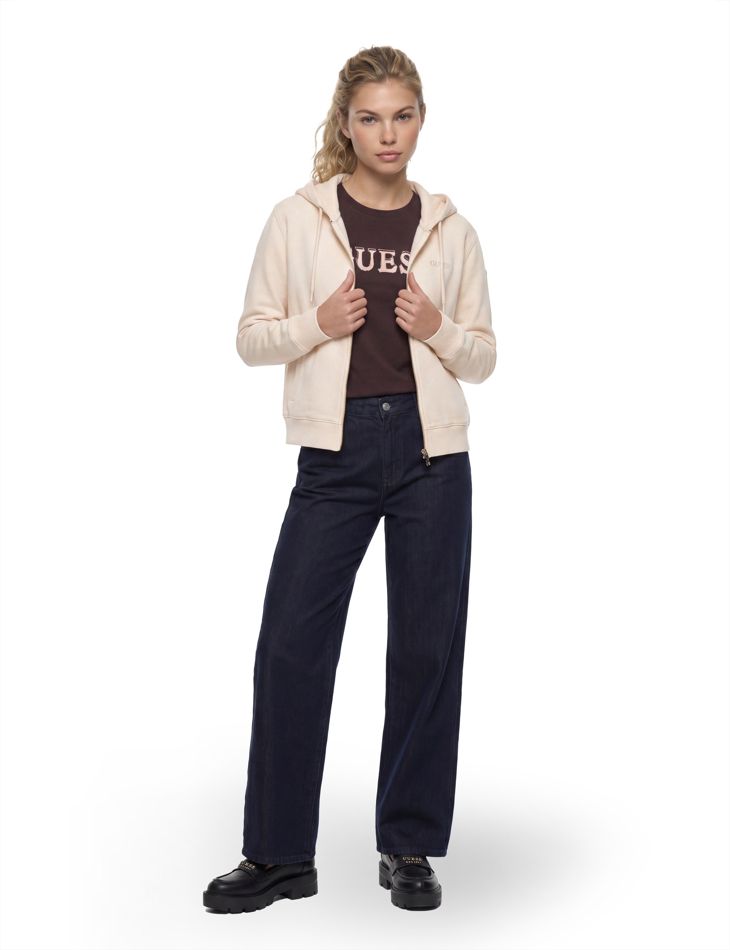 Guess Kapuzensweatjacke »SOFIA ZIPPER SWEATSHIRT« mit Logostickerei, Baumwollmix