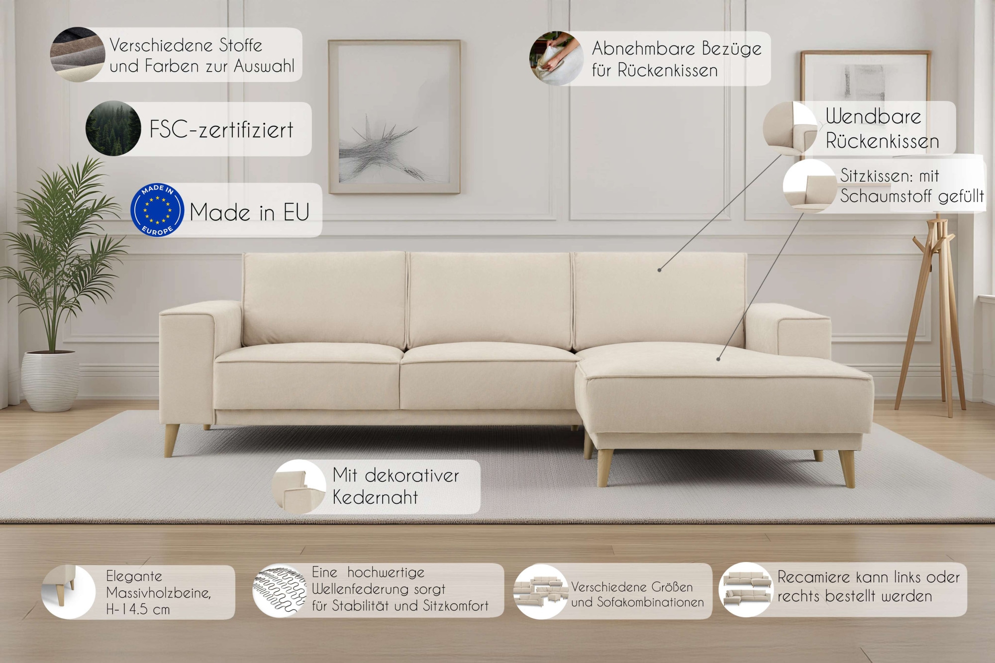 GOODproduct Ecksofa »Oland Skandi, weicher Chenille-Stoff« L-Form, 280 cm, Wellenunterfederung, Skandi-Design, Massivholzfüsse