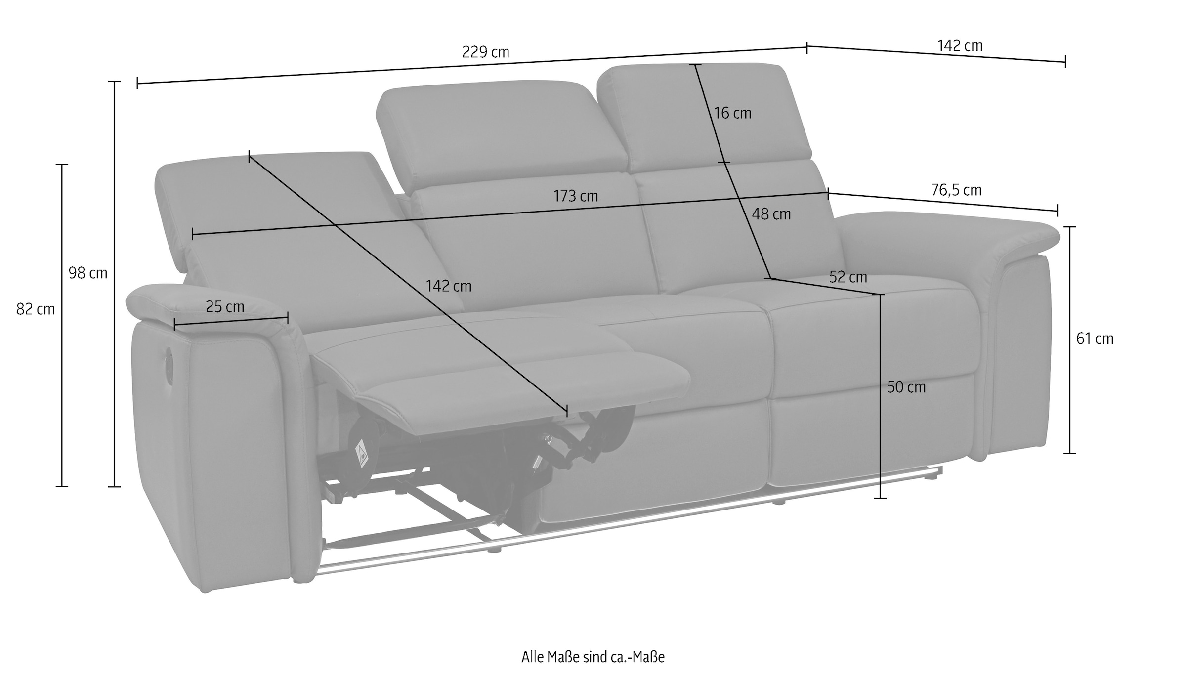 Home affaire 3-Sitzer »Pareli 229cm, manuelle u. elektr. Relaxfunktion in 2 Sitzen« USB, KT-Verstellung, LED Beleuchtung, in Echtleder, Kunstleder, Web