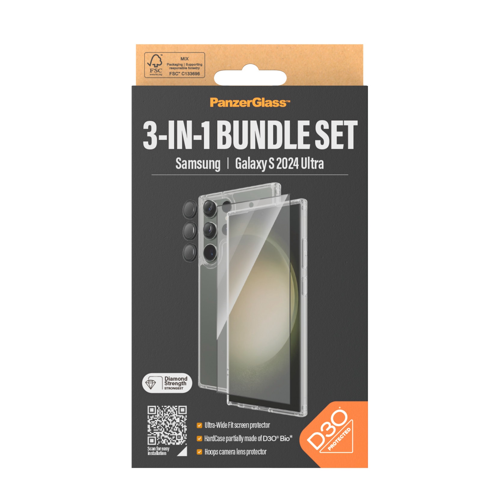 PanzerGlass Displayschutzglas »3-in-1 Bundle Set Screen Protector, Case und Camera Lens Protector«, für Samsung Galaxy S24 Ultra, Displayschutzfolie, Backcover, Lens Cover, Rundumschutz