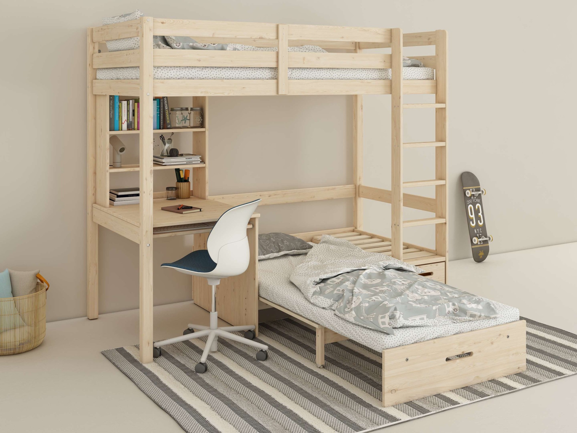 Lüttenhütt Etagenbett »HENNE' TOPSELLER! Hochbett, Ideal für kleine Räume, 2 Schlafplätze«, (zweiter Schlafplatz ausziehbar, B/H/T ca. 208/180/105cm), mit Polsterauflagen+ Schreibtisch + Stauraum, mehrere Farben