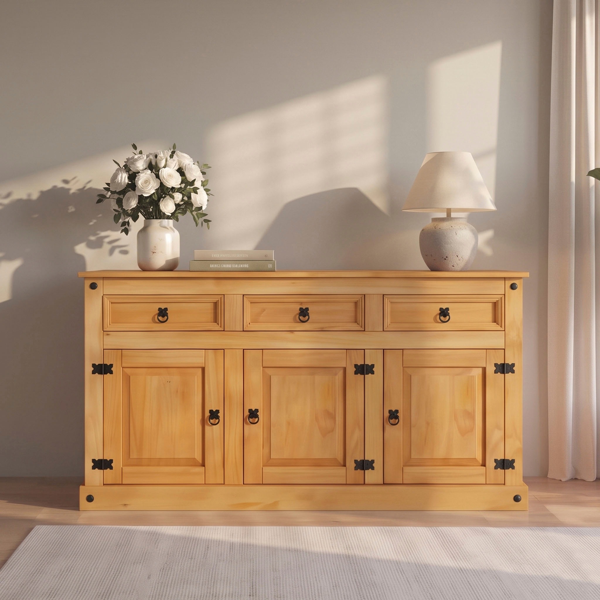 Image of GOODproduct Sideboard "Mexiko Kommode mit 3 Türen und 3 Schubladen mit Ringgriffen aus Metall" aus massivem Kiefernholz mit variabel einsetzbare Einlegeböden