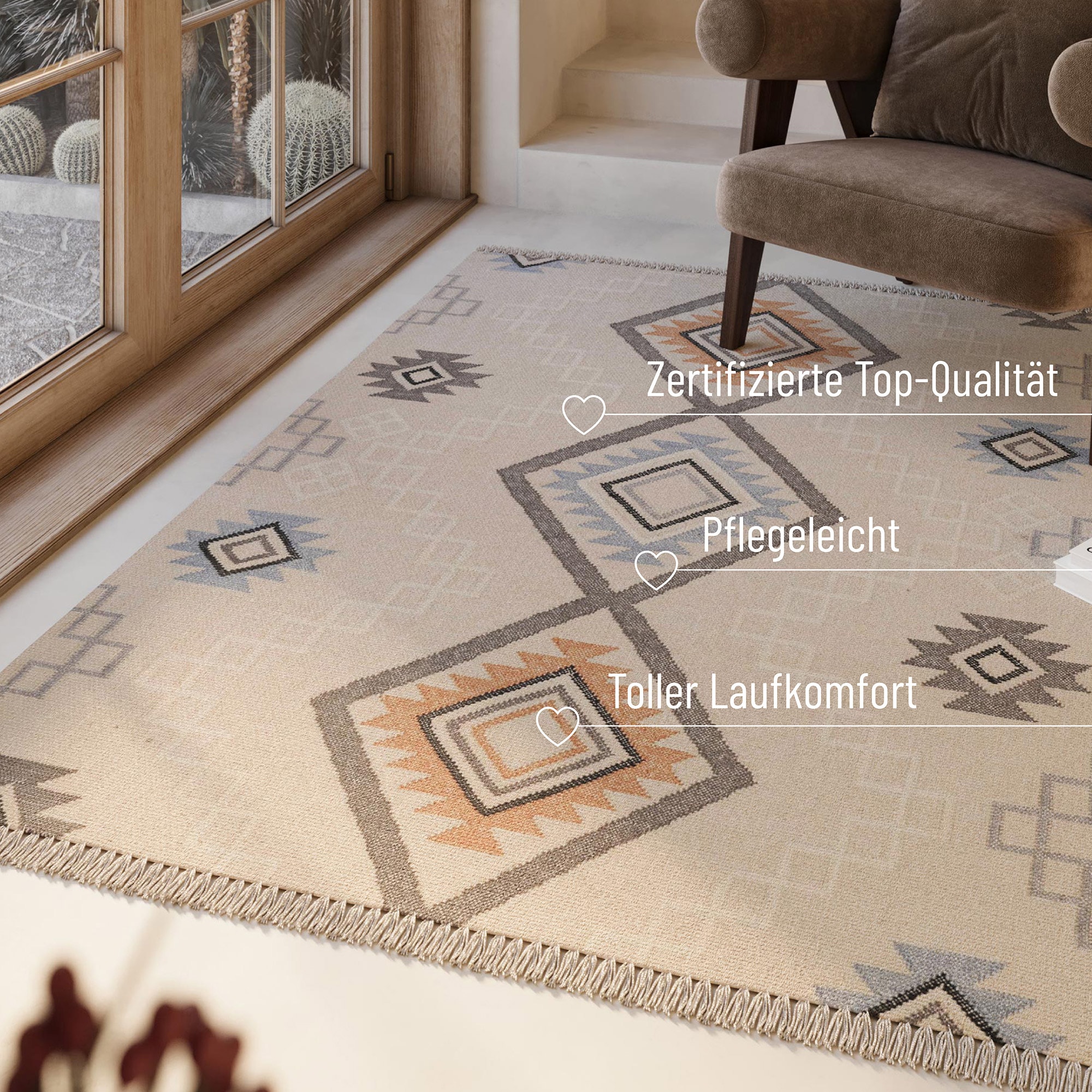 Green Looop Wollteppich »Jong« rechteckig 5 mm Höhe Fransen, Kelim, handgewebt, Natur, Wohnzimmer, Schlafzimmer, Raute