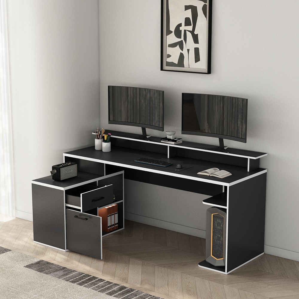 GOODproduct Gamingtisch »Game, Computertisch, Eckschreibtisch« , Towerfach, Kabeldurchlass, Monitoraufsatz, Stauraum, Masse 180x102 cm
