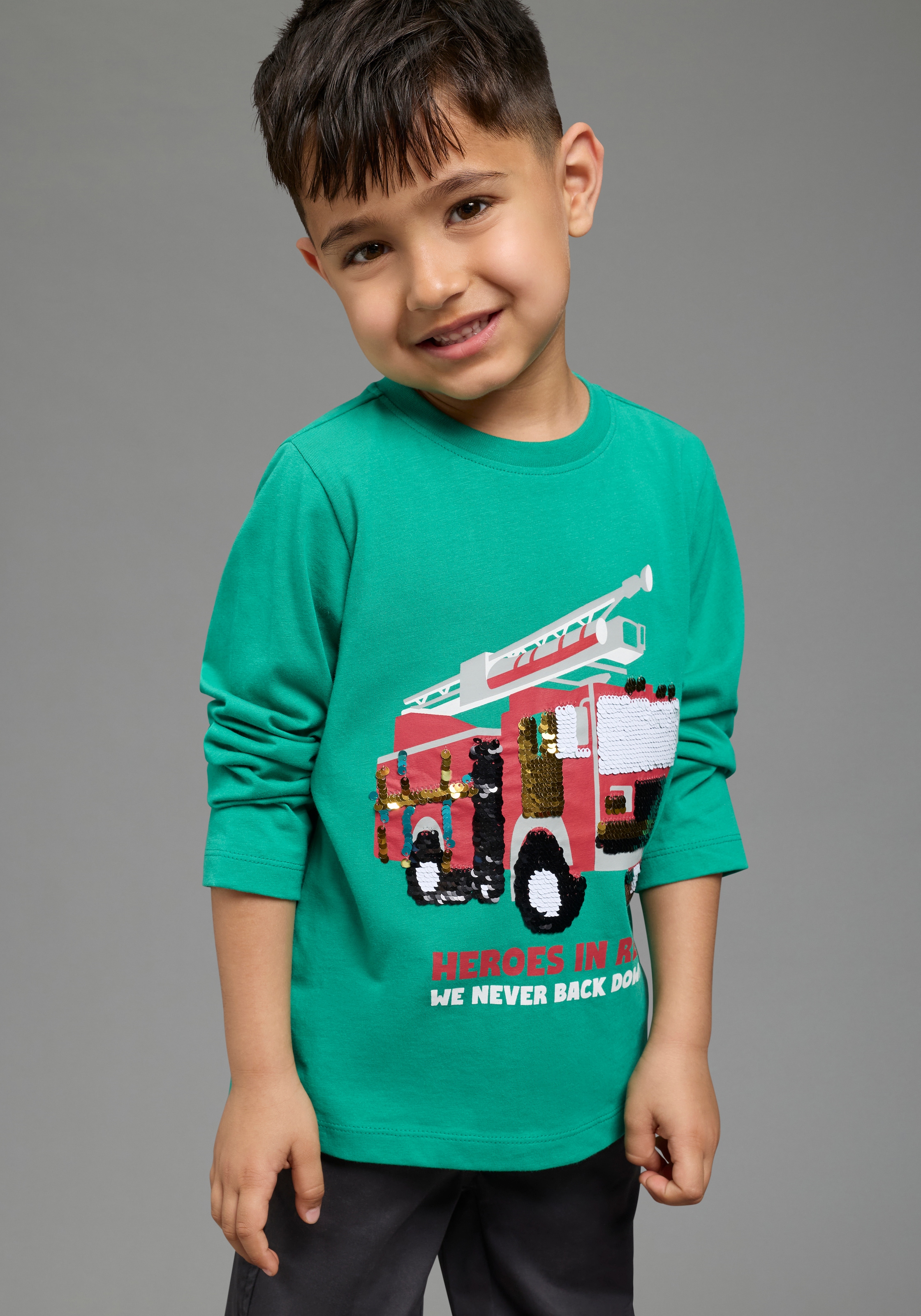 KIDSWORLD T-shirt à manches longues »Feuerwehr Pailletten Shirt« Impression pompier avec paillettes