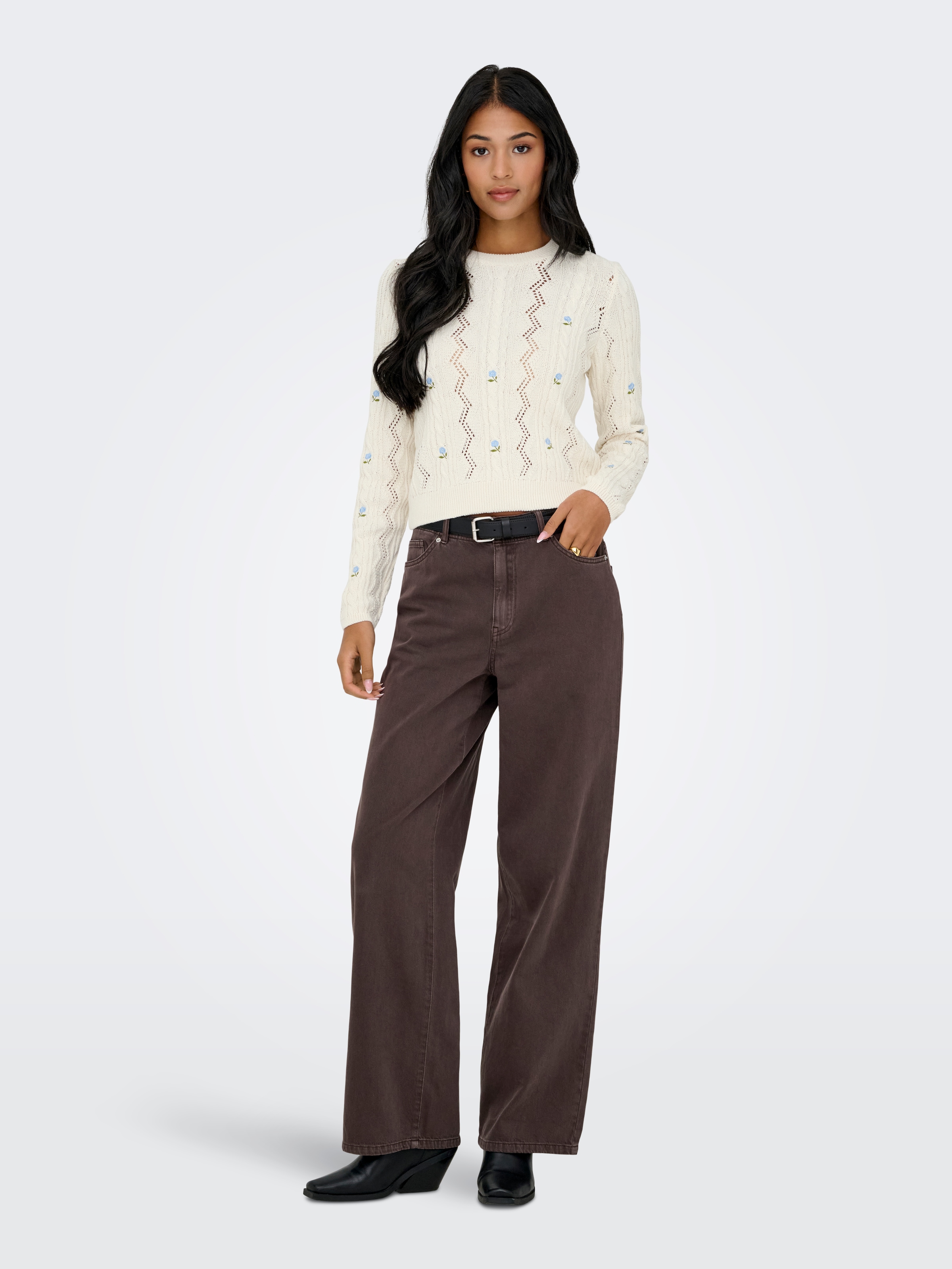 ONLY Rundhalspullover »ONLRITA LIFE LS EMBR CABLE KNT NOOS« mit Schleifen Stickerei