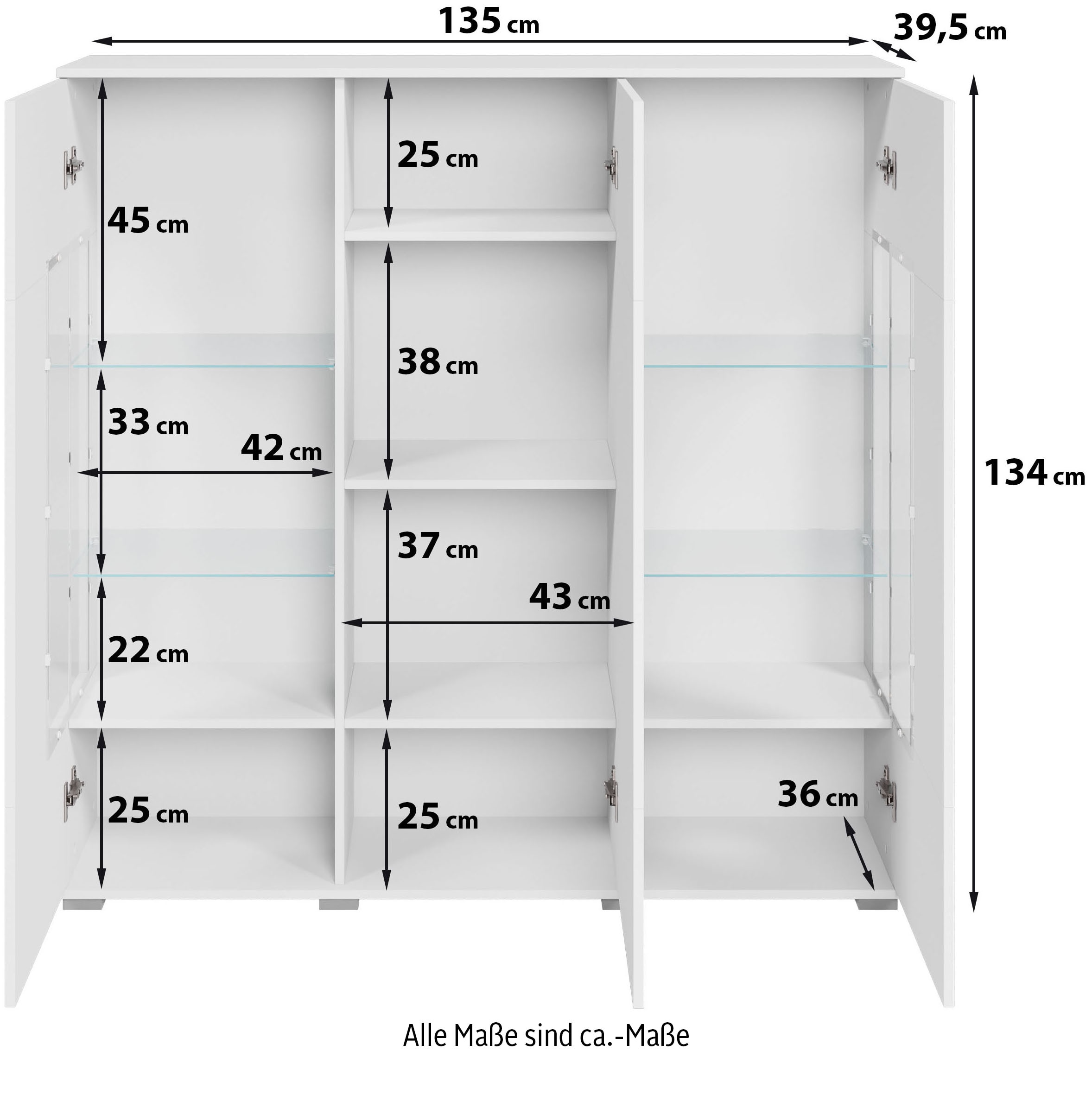GOODproduct Highboard »Kenia« 1 Stk. tlg. Modernes Highboard, mit Glastüren, Breite 135 cm