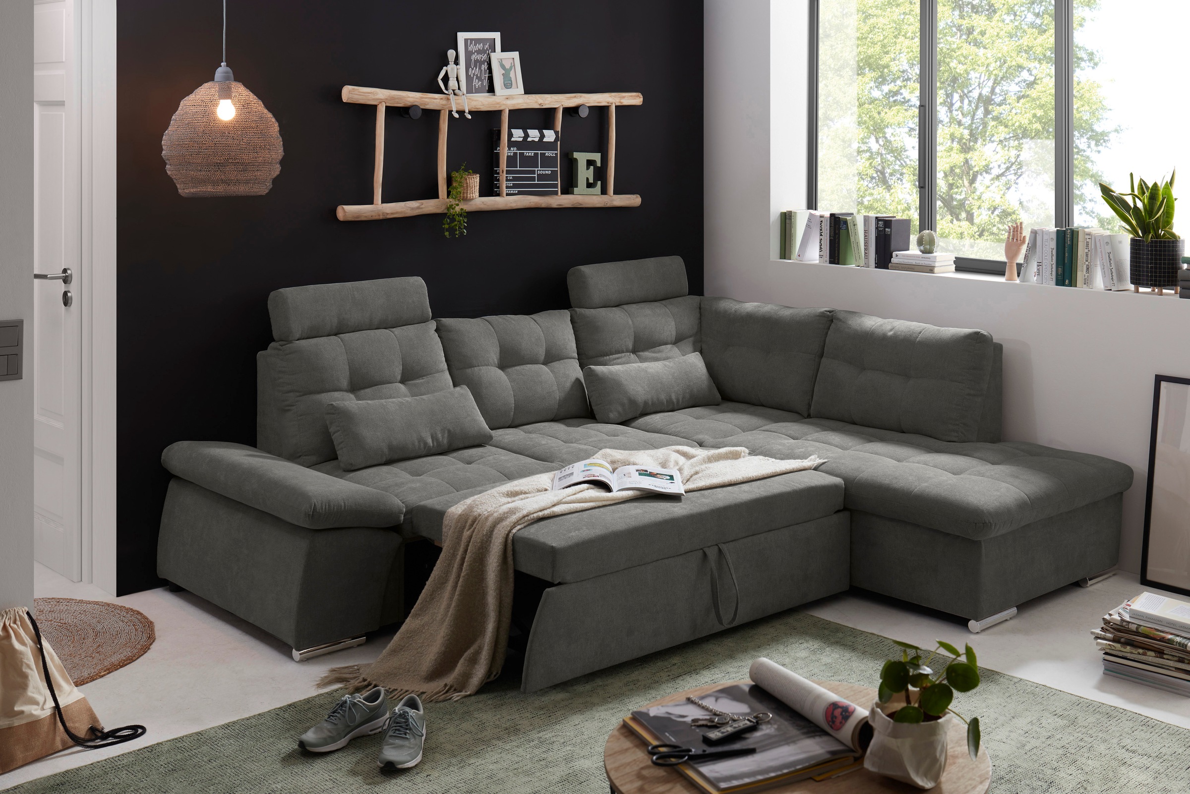 ED EXCITING DESIGN Ecksofa »Nalo L-Form«, mit Bettfunktion, Armteilverstellung, Kopfstützen & 2 Nierenkissen
