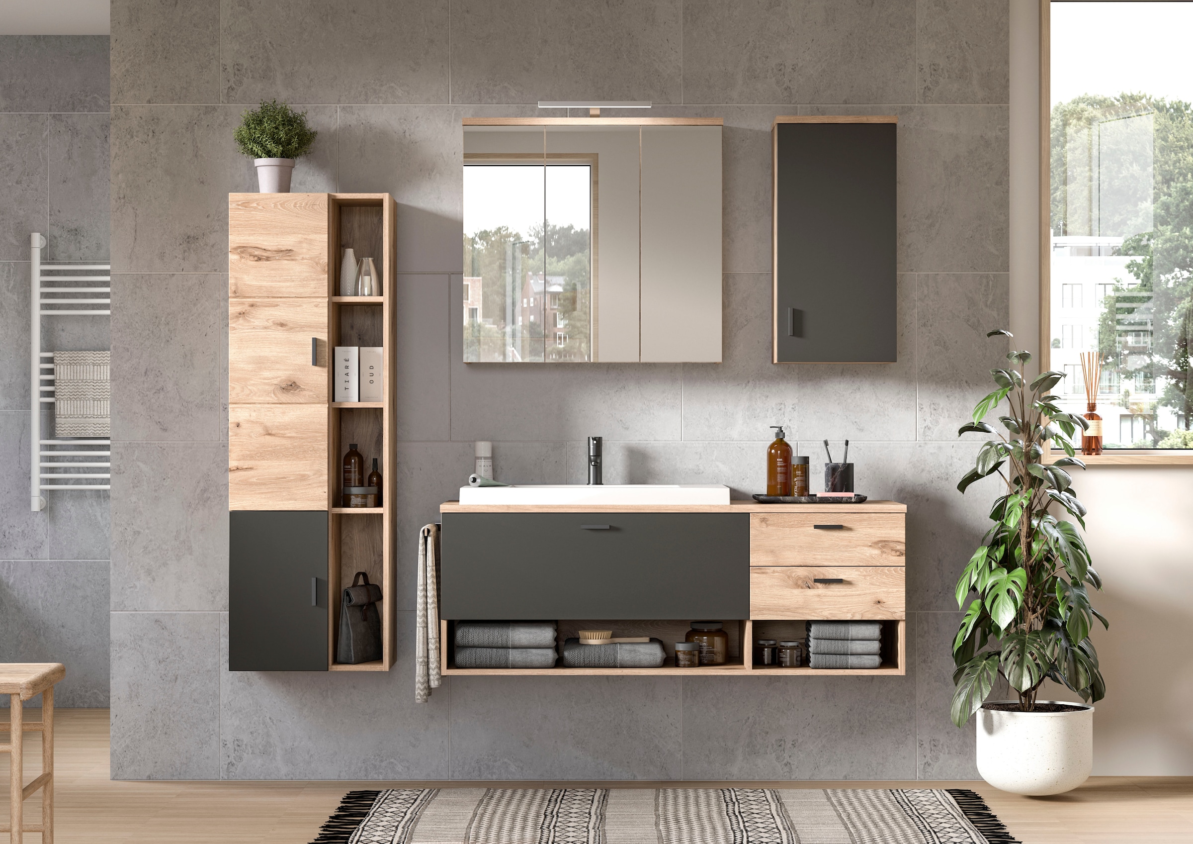welltime Badmöbel-Set »Dolo, 4 teilig, inklusive Mineralguss-Waschbecken, bestehend aus:«, (Set, 4 St.), Waschtisch inkl. Waschbecken, Hängeschrank,Spiegelschrank, Hochschrank