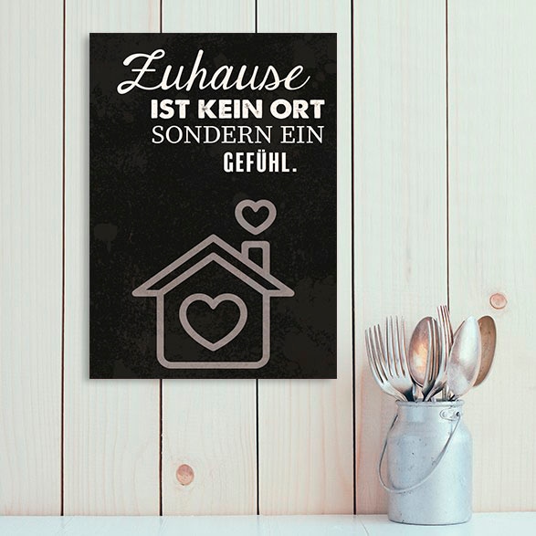 Image of queence Metallbild "Zuhause" Herzen Schriftzug Schriftzüge Schwarz-Weiss Sprüche Sprüche & Texte 1 Stk. tlg. Stahlschilder