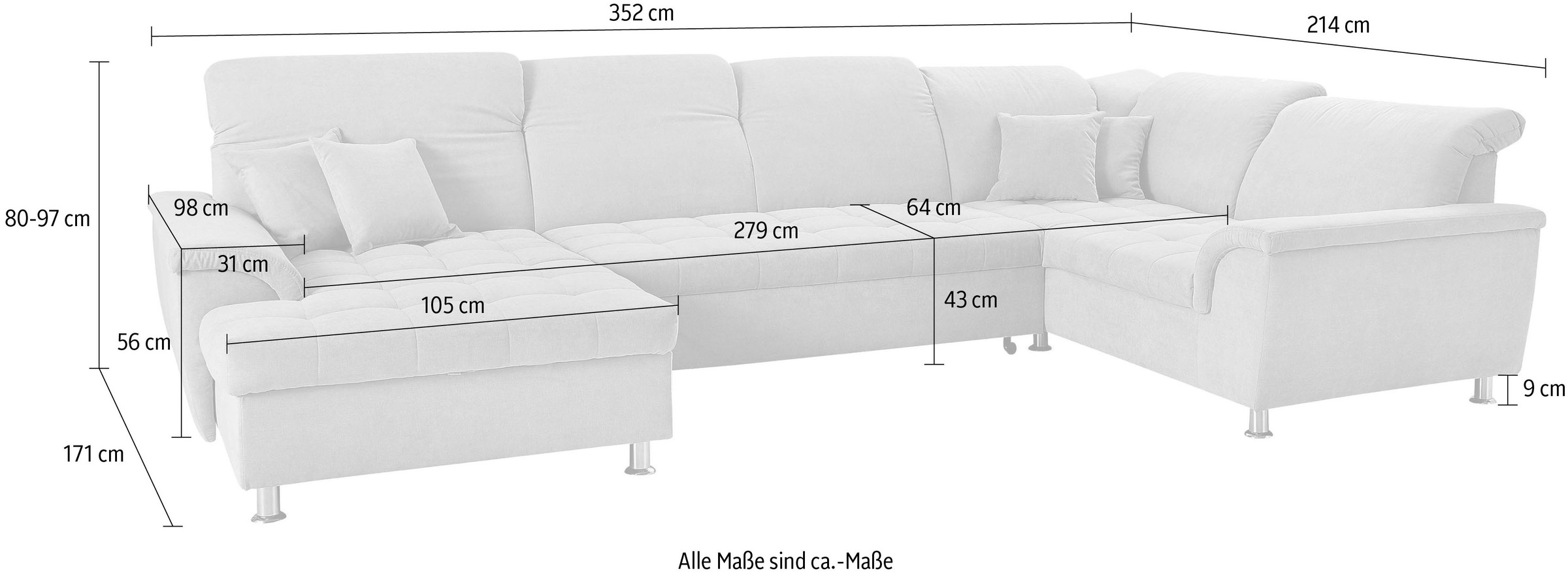 DOMO collection Wohnlandschaft »Franzi optional mit Bettfunktion, Bettkasten & Kopfteilverstellung«, XXL-Sofa, U-Form, belastbar bis 140kg/Sitz, graphite, Breite: 352cm
