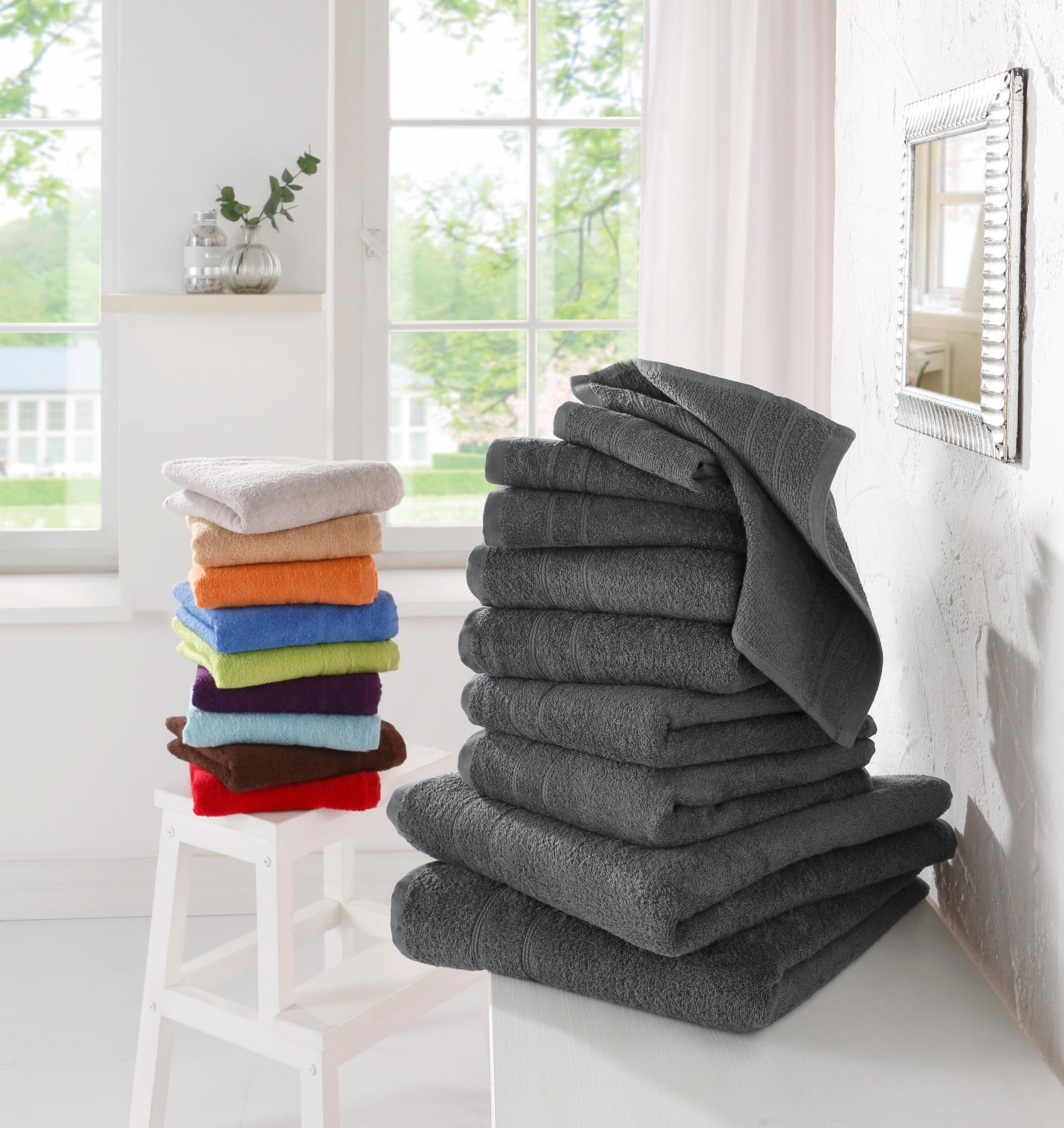 my home Handtuch Set »Inga, Duschtücher, Handtücher, Gästetücher, Seiftücher« 10 Walkfrottee Handtücher mit feiner Bordüre, 100% Baumwolle, einfarbig, weich