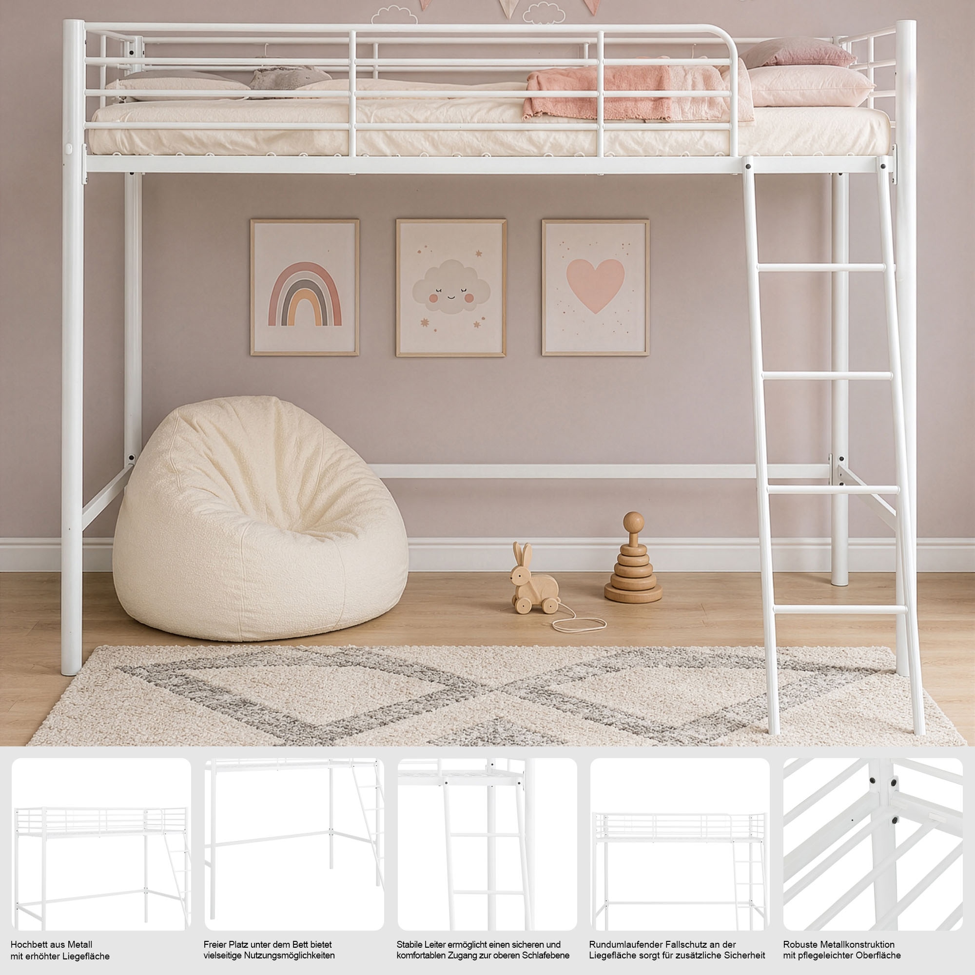 GOODproduct Hochbett »Hayo,  Zeitloses Metallbett, in mehreren Farben« Gesamtmasse (B/T/H) ca. 208/159/186 cm,  inkl. Lattenrost, Absturzsicherung und Leiter aus Metall