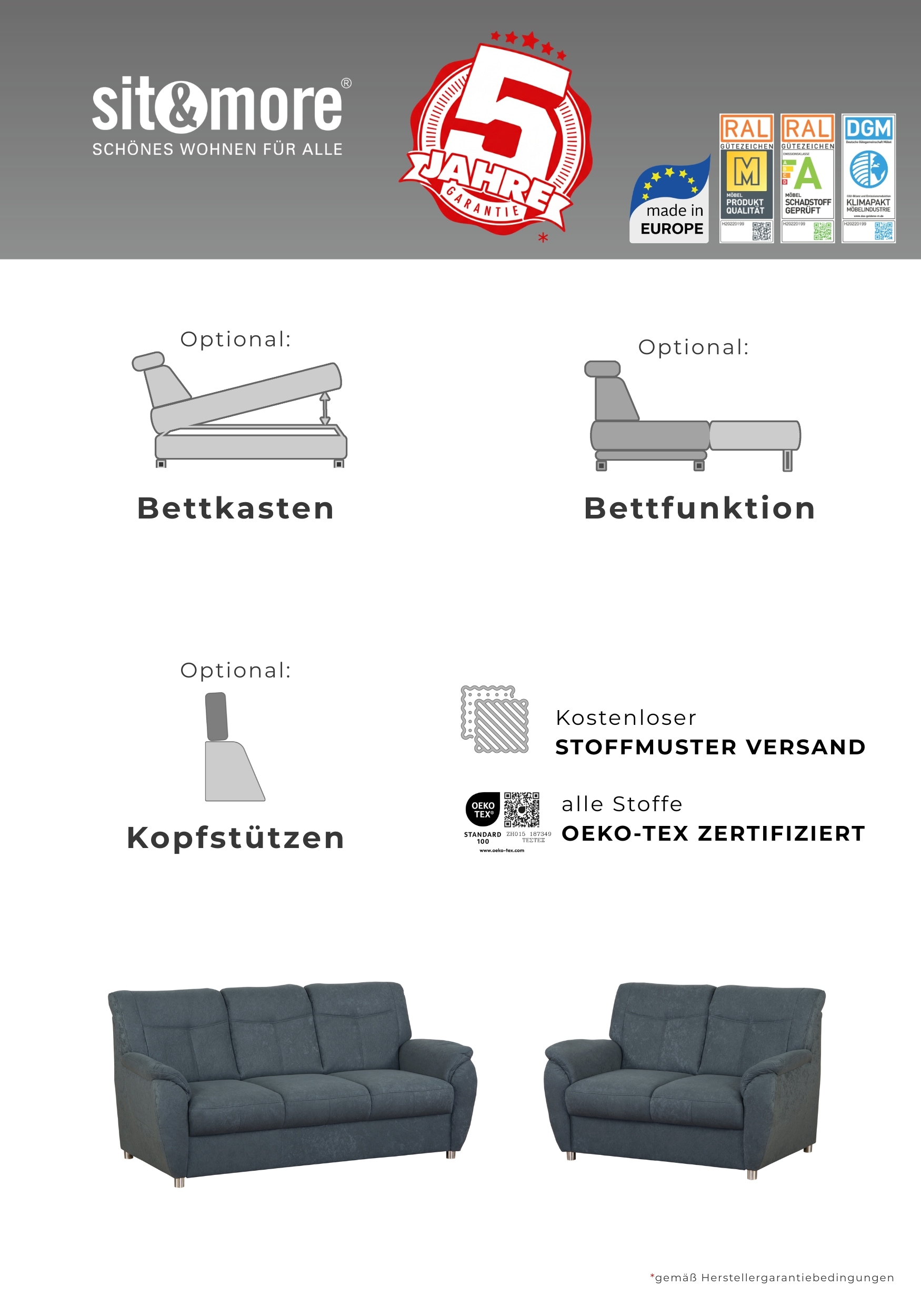 sit&more 3-Sitzer »Sonoma, B: 189 cm, Federkern, Komfortsitzhöhe 45 cm« Couch frei stellbar, 3-Sitzer Sofa, Stoffvarianten