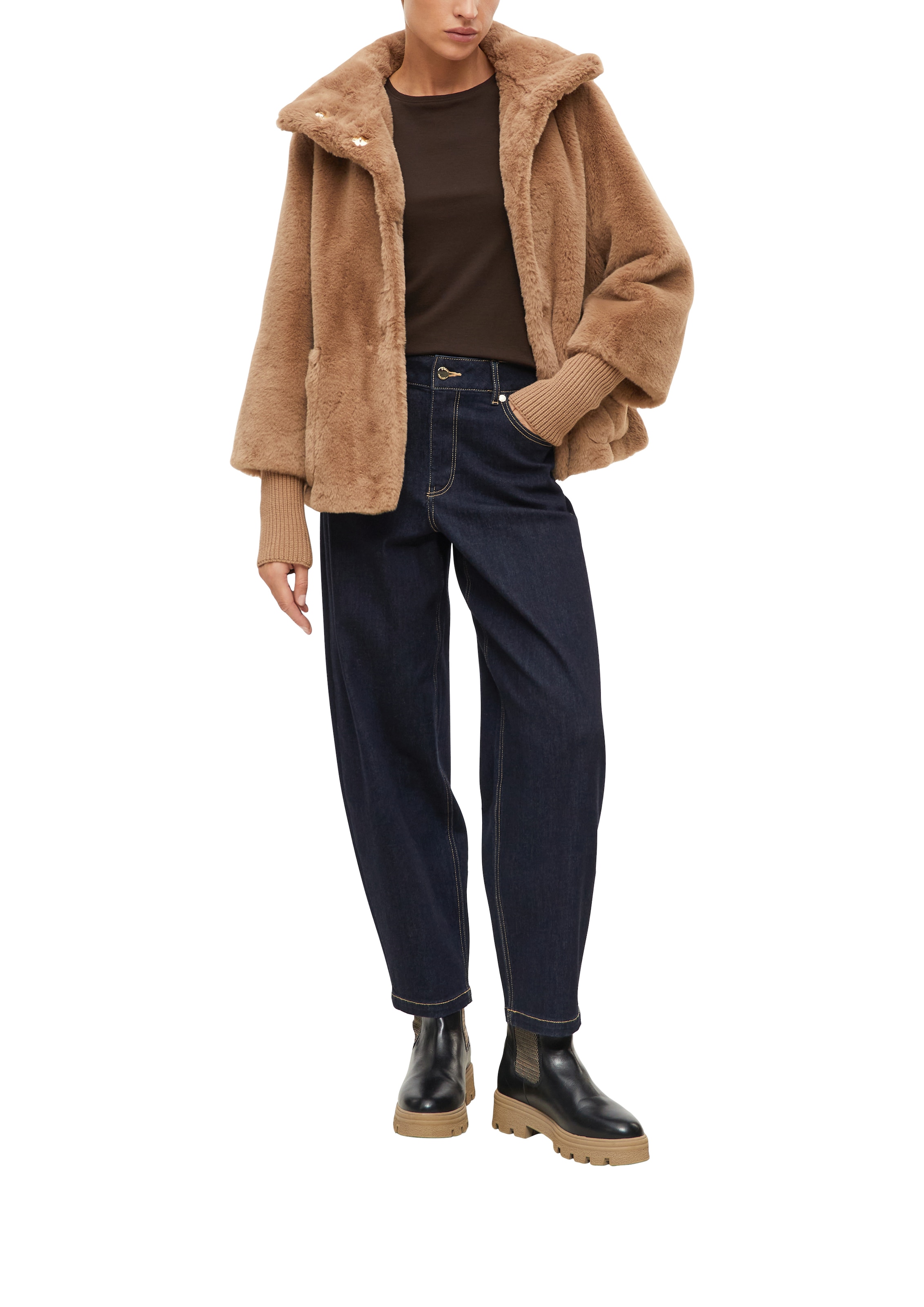 Image of s.Oliver BLACK LABEL Fellimitatjacke Stehkragen, Fellimitat, Druckknöpfe