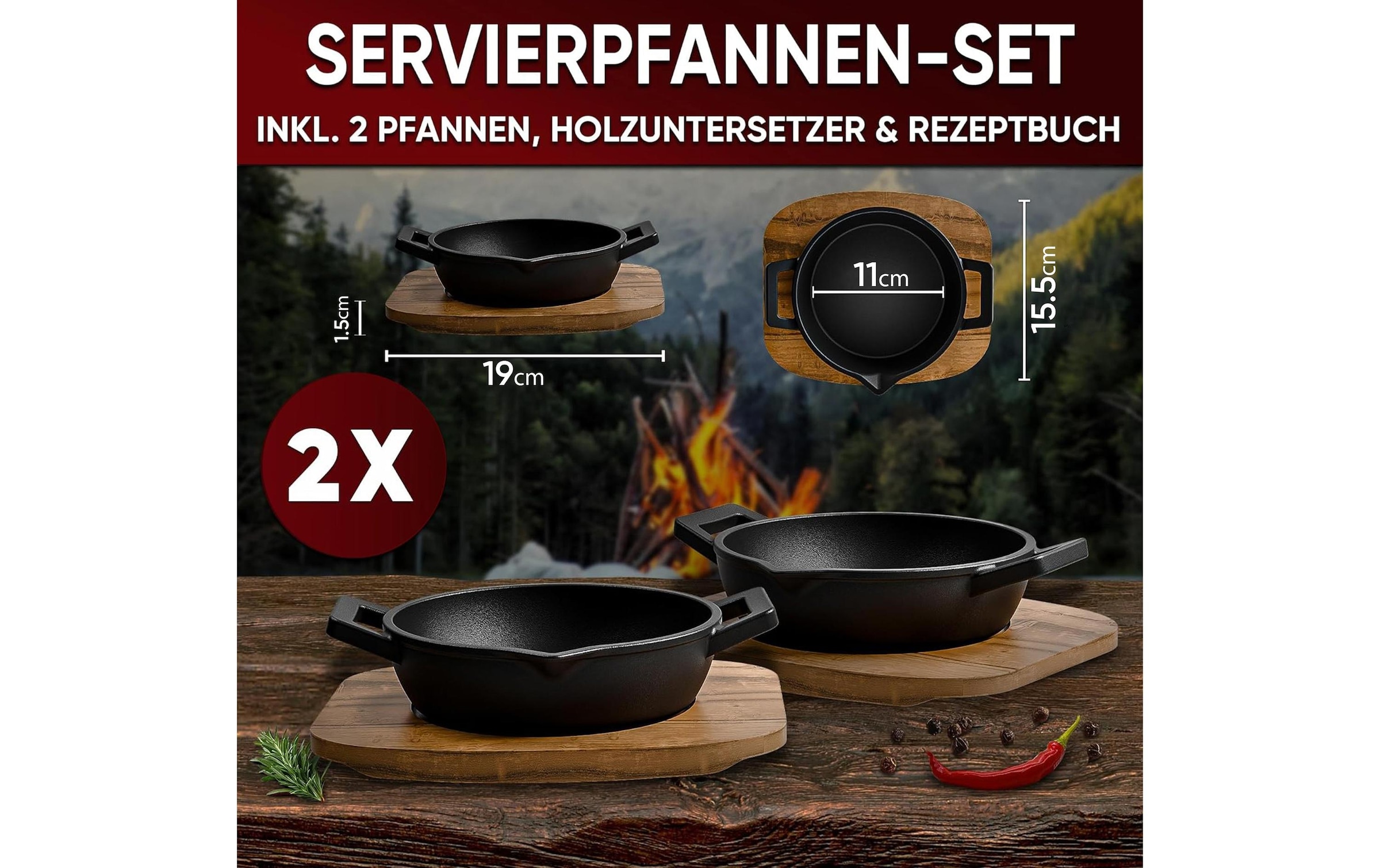   Marmite à barbecue »Gusskoenig Mini Set mit Holzsockel« 4 cuis tlg. Mini-Rundpfanne, 2er-Set + Holzsockel
