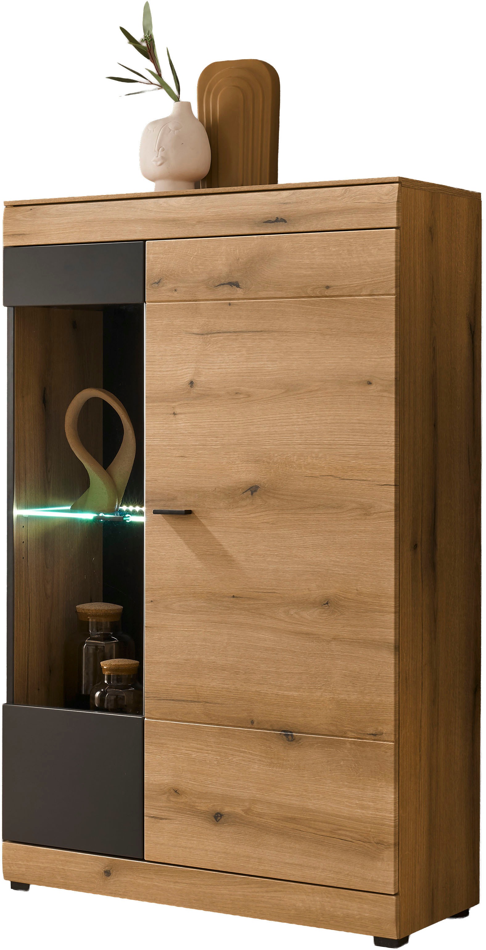 Home affaire Vitrine »Soleto, Vitrinenschrank in Evoke Eiche, moderne Glasvitrine« ausreichend Stauraum, schwarze Griffe aus Metall, zeitlos