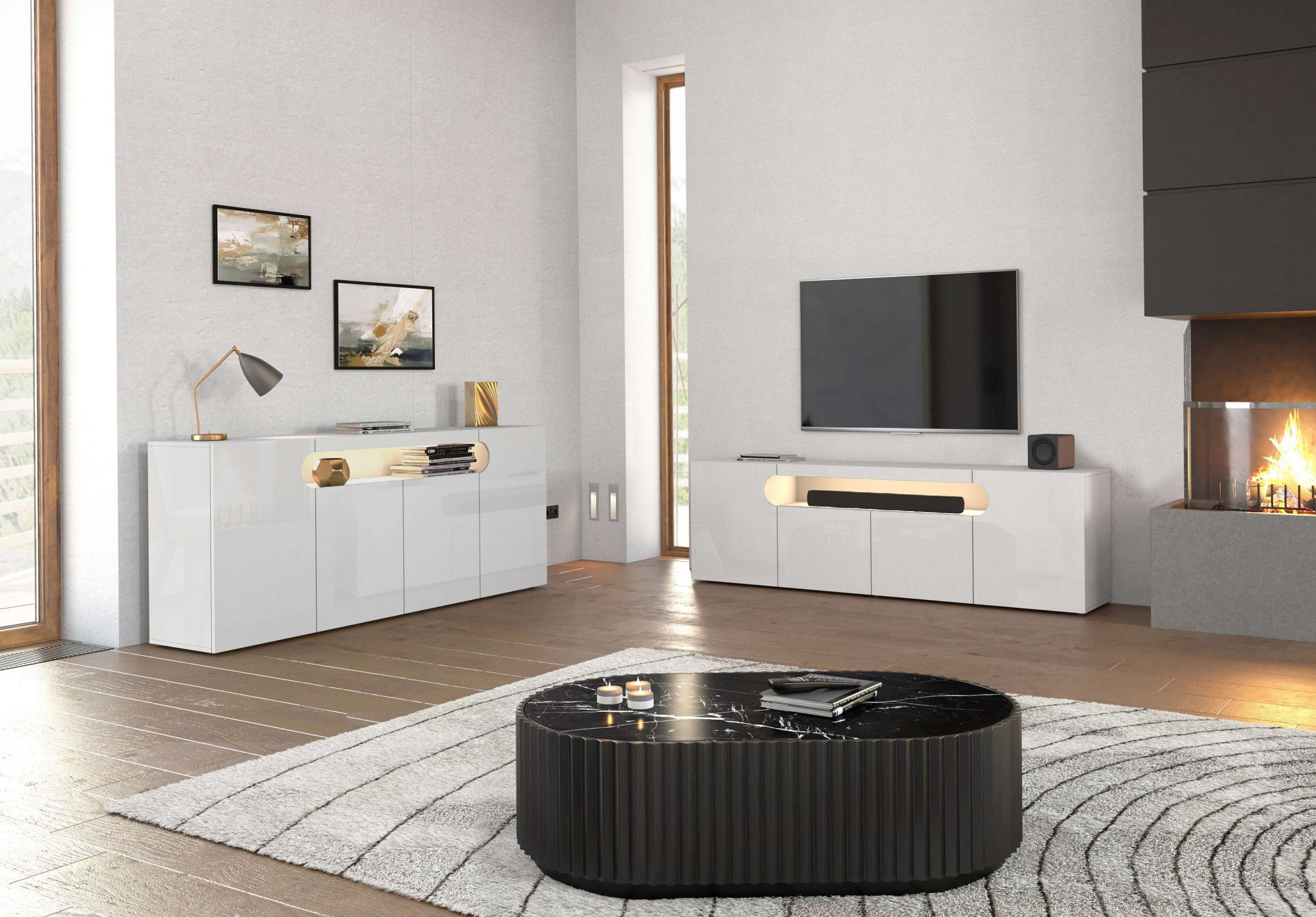 GOODproduct Table basse »REAL,Lowboard,TV-Kommode,TV-Möbel,TV-Bank« 1 cuis tlg. Avec 4 portes, dont 2 arrondies formant une niche ovale ouverte