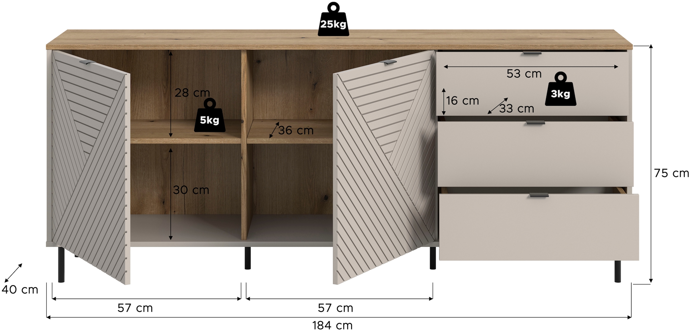 Home affaire Sideboard »RAITA, Breite 184 cm, Front mit Desgin-Fräsung, 2 Türen, viel Stauraum« moderne Farbkombi, individuell einsetzbar, Griffe & Füsse aus Metall,  Kommode, Anrichte, Schrank, Highboard, TV-Board